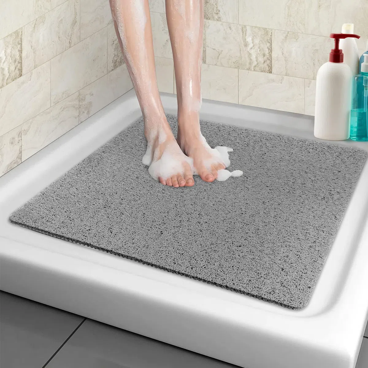 Duschmatte rutschfest, Weich Komfort Sicherheits Badewannenmatte mit Ablauflöchern, PVC-Luffa Massage Duschmatten für Nassbereiche, Schnell trocknend (Grau, 80x 80 cm)