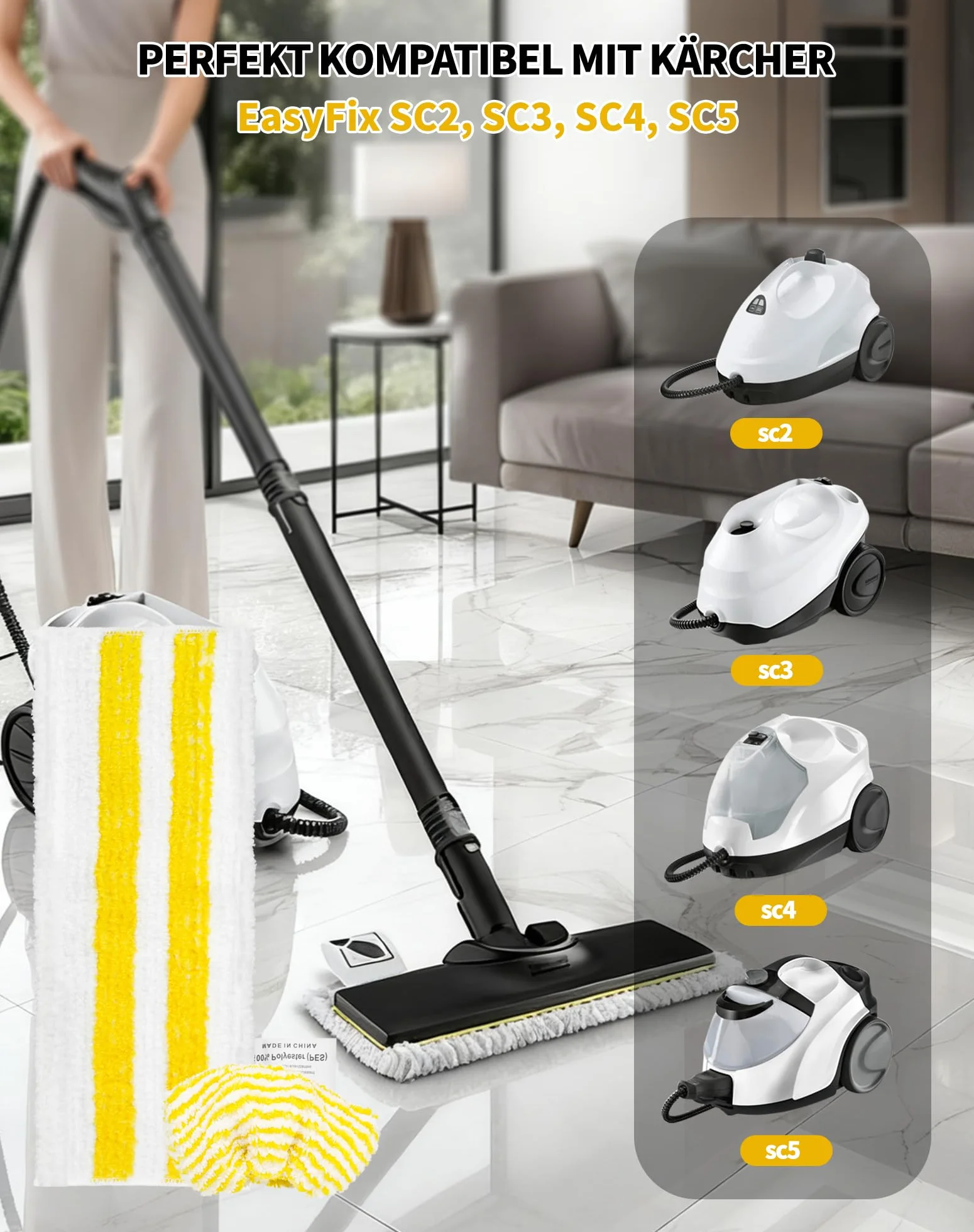 9 Stück Zubehör für Kärcher EasyFix SC2 SC3 SC4 SC5 - inkl. 6 Bodentücher & 3 Mikrofaser-Wischbezüge für Kärcher Dampfreiniger EasyFix Serie