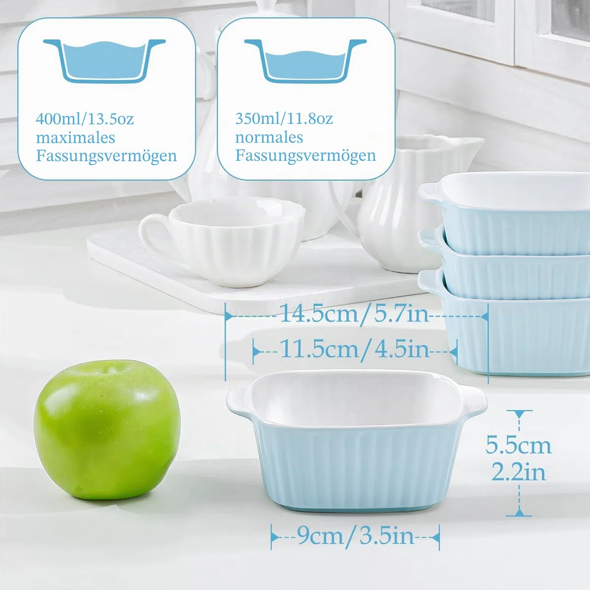 NUTRIUPS 13 Unzen Keramik-Auflaufformen-Set, 4er-Set, quadratische Auflaufformen, 400 ml kleine Auflaufform für den Luftfritteur, Keramik-Backgeschirr mit Griffen (Hellblau)