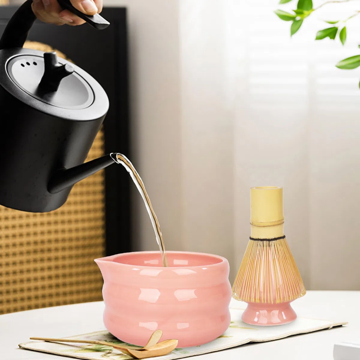 5er Set Matcha Set mit Matcha Besen und Schale Sieb, Matcha Besen set Matcha Zubehör(Rosa)