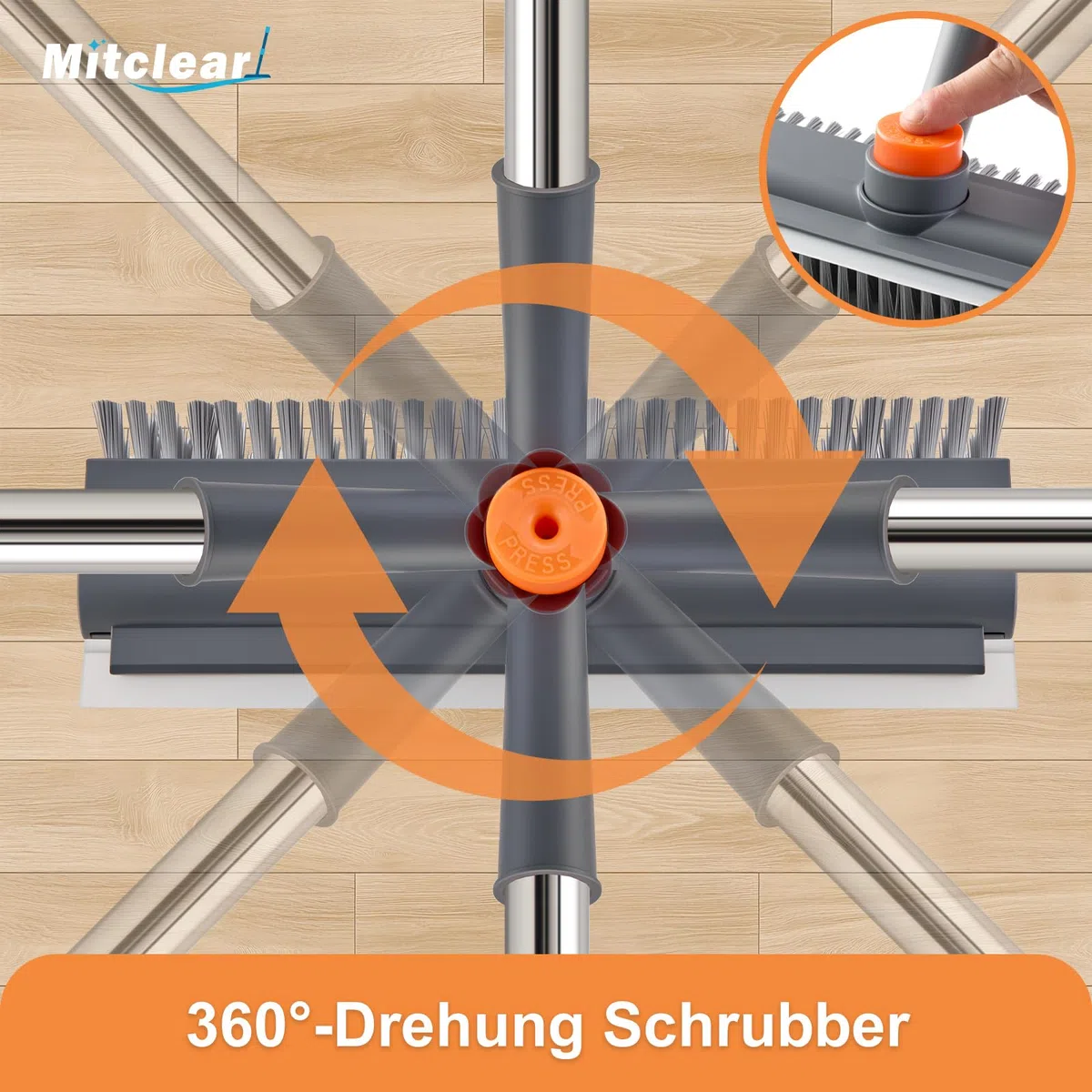 Mitclear Boden-Scheuerbürste mit Stiel(122cm), Schrubber Terrasse mit harten Borsten & Gummilippe, Terrassenreiniger, Scheuerbürste für die Reinigung von Fliesen, Dusche, Balkon, Bad, Garage, Küche