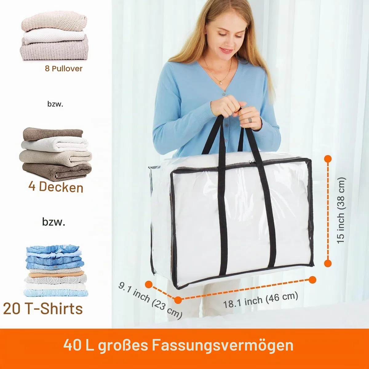 Vieshful 3 Stück Transparente Plastik Aufbewahrungstasche, 40L Organizer Aufbewahrungsbox Kleideraufbewahrung Umzugskartons für Bettdecken, Kleidung, Bettwäsche, Weihnachtskränzen und Steppdecken