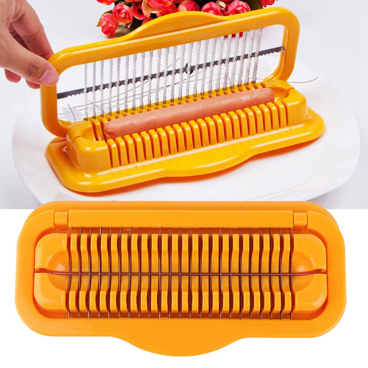 Hot-Dog-Schneider, Wurstschneider aus Edelstahl, Schinkenwürfelschneider mit Elastischer Feder und Ergonomischem Griff, Ideal für die Küche