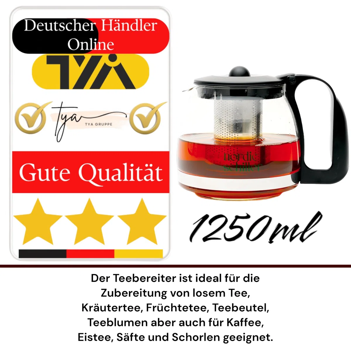 TYA I NS Teekanne aus Glas mit herausnehmbarem Sieb aus hitzebeständigem Edelstahl, 1250ml,mit Teesieb und Überhitzungsschutz, ideal für die Zubereitung von losem Tee, Teapot