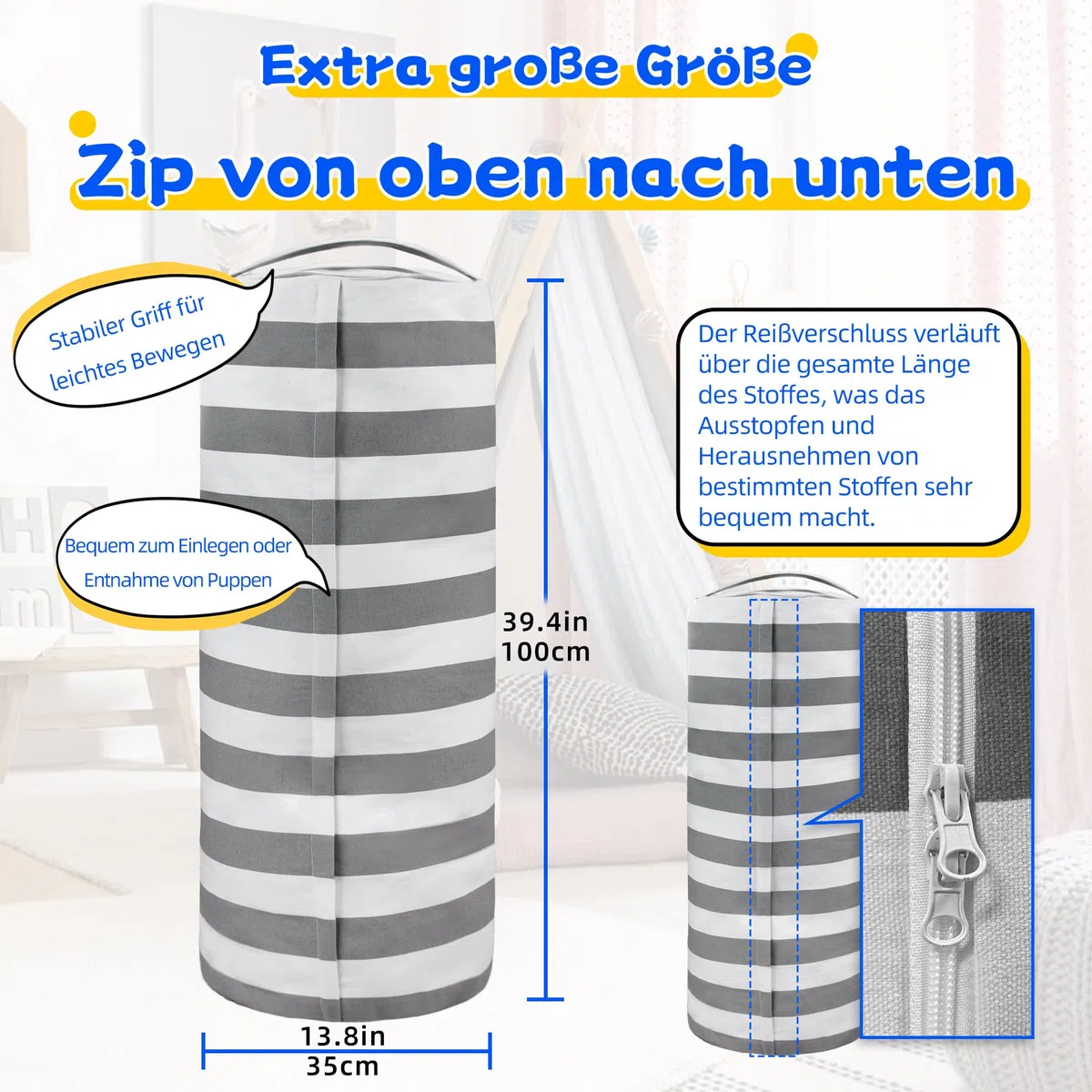 Sitzsack-Bezug zur Aufbewahrung von Stofftieren für Kinder, Plüschtiere, Organizer-Taschen, ein durchgehender Reißverschlusszylinder, Zimmermöbel-Dekor – Organisieren, Sitzen, Spielen, Boxen