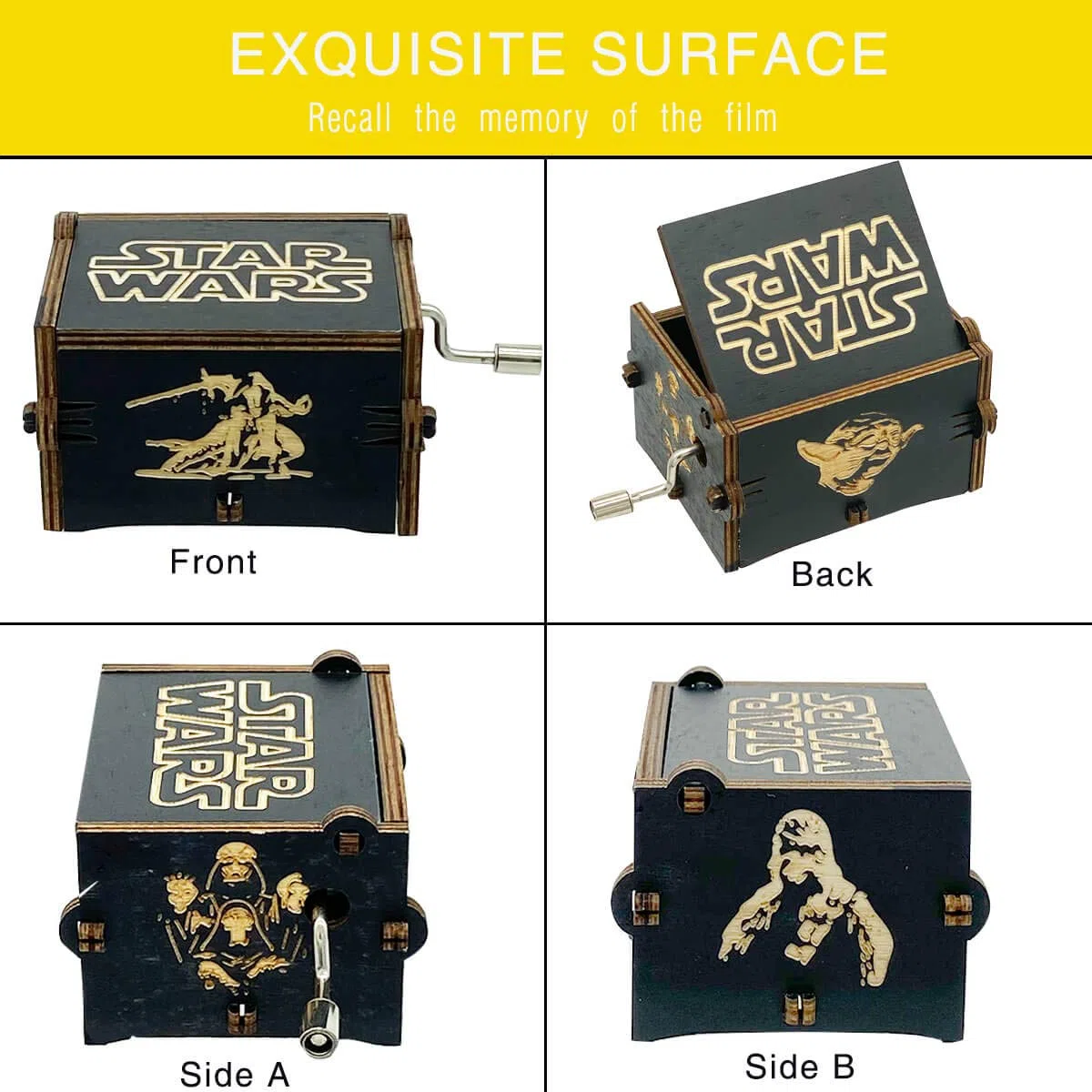 MAD DI Star Wars Spieluhr, Holz-Handkurbel, einzigartige Musikboxen, Thema, Starwars, Mini-Antik-Vintage-Bastelarbeiten, Lasergravur, Valentinstag, Geburtstagsgeschenke (schwarz)