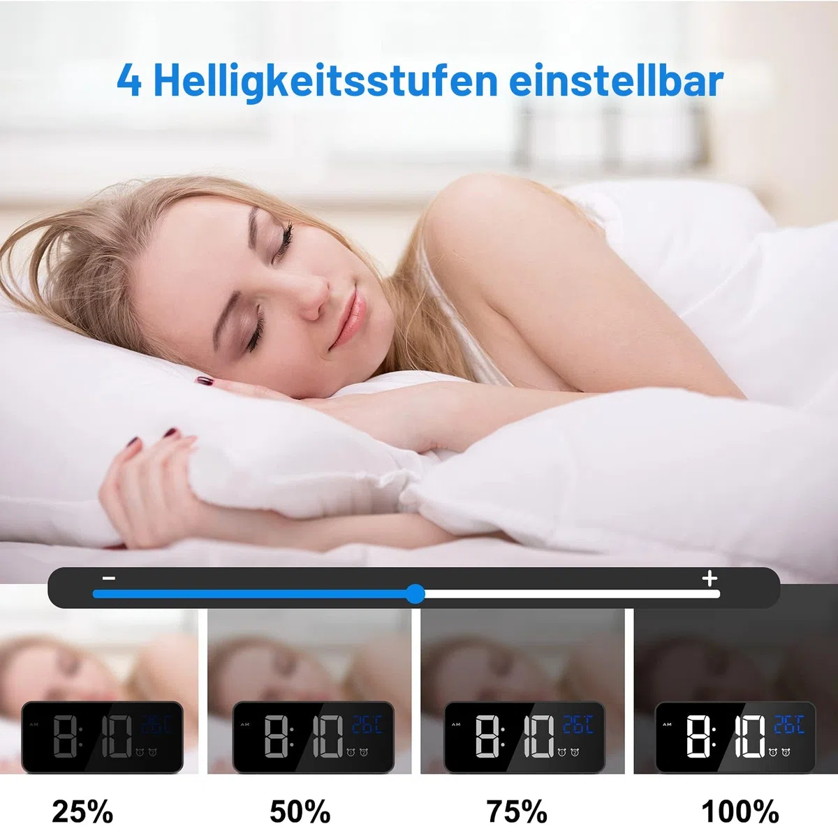 CHEREEKI Digitaler Wecker, LED Digitaluhr mit Temperaturanzeige Tragbarer Spiegelalarm Tischuhr mit 2 Alarmen 10 Alarmtöne USB Wiederaufladbar 4 Helligkeit und Lautstärke Regelbar, 12/24 Stunden