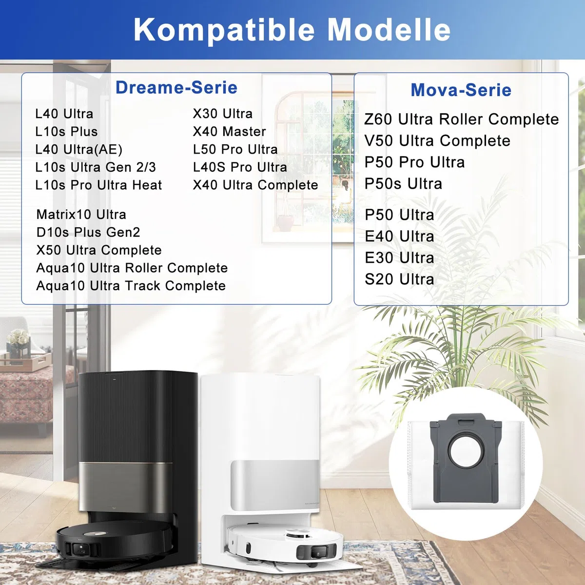 15 Stück Staubbeutel für Dreame L10s Ultra Gen 2/Gen 3, L40s Pro Ultra, X50/X40 Ultra Complete/X30 Ultra, L10s Pro Ultra Heat, Mova E30 Ultra/V50 Ultra Complete Staubsaugerbeutel Ersatzteile
