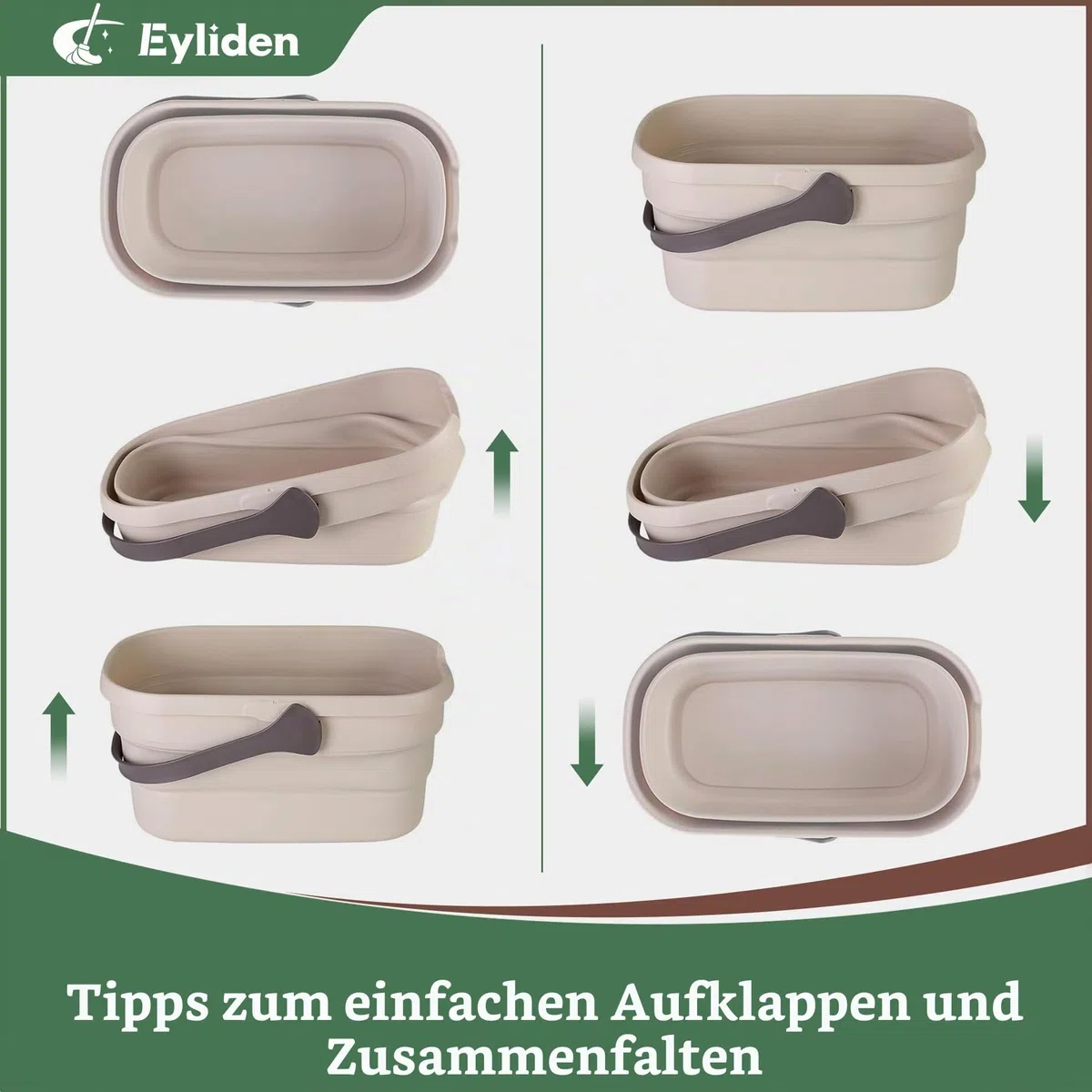 Eyliden 10L Faltbarer Eimer, Rechteckiger Kunststoffeimer zur Reinigung und Aufbewahrung, Tragbarer Putzeimer Wassereimer für Haushalt, Camping, Reisen, Gartenarbeit