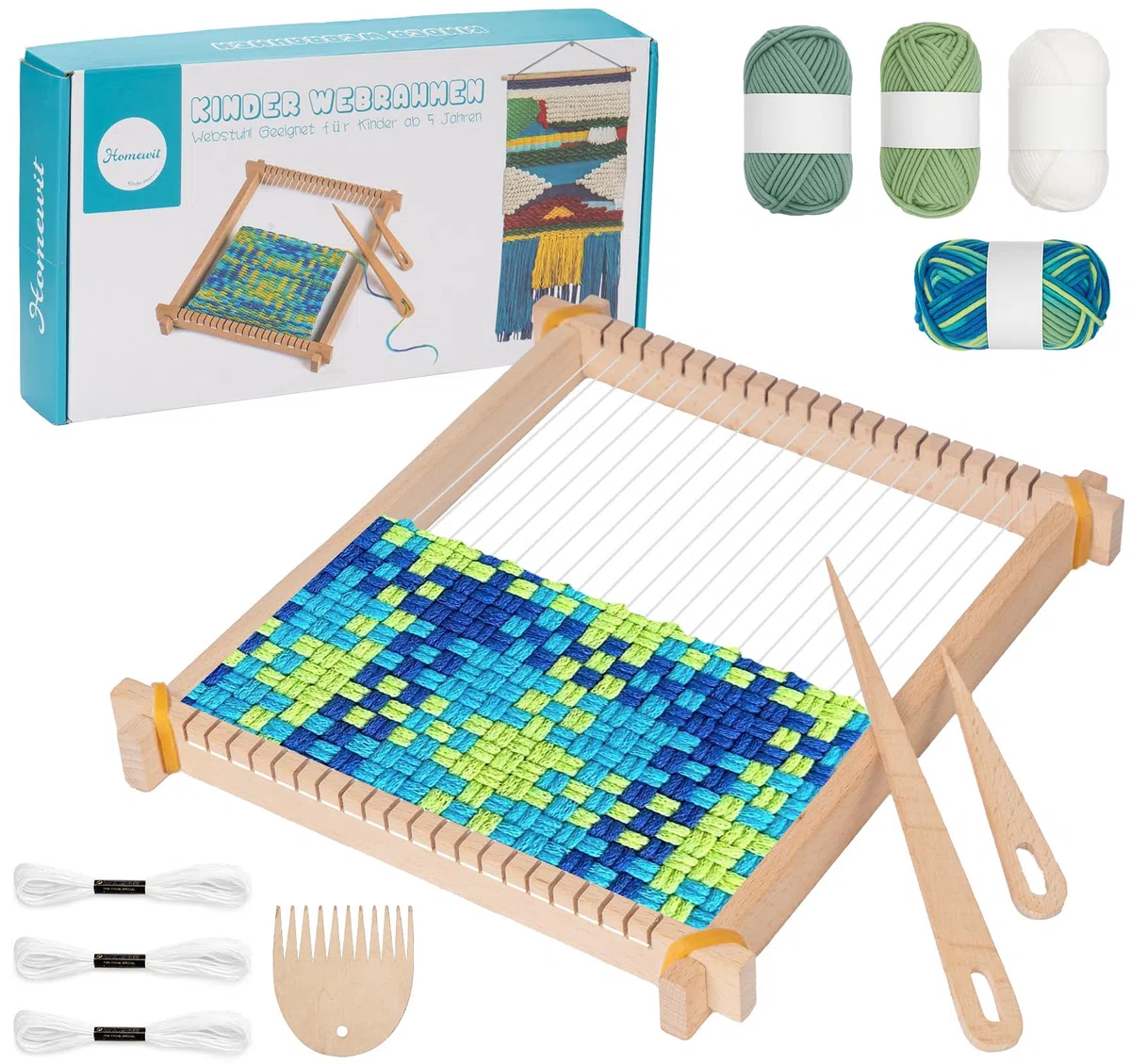 Homewit Webrahmen für Kinder ab 6 Jahre, DIY Holz Webrahmen Kinder 24 x 28cm mit Anleitung und Garn, Hochwertiger Weben Webstuhl Set für Erwachsene Anfänger