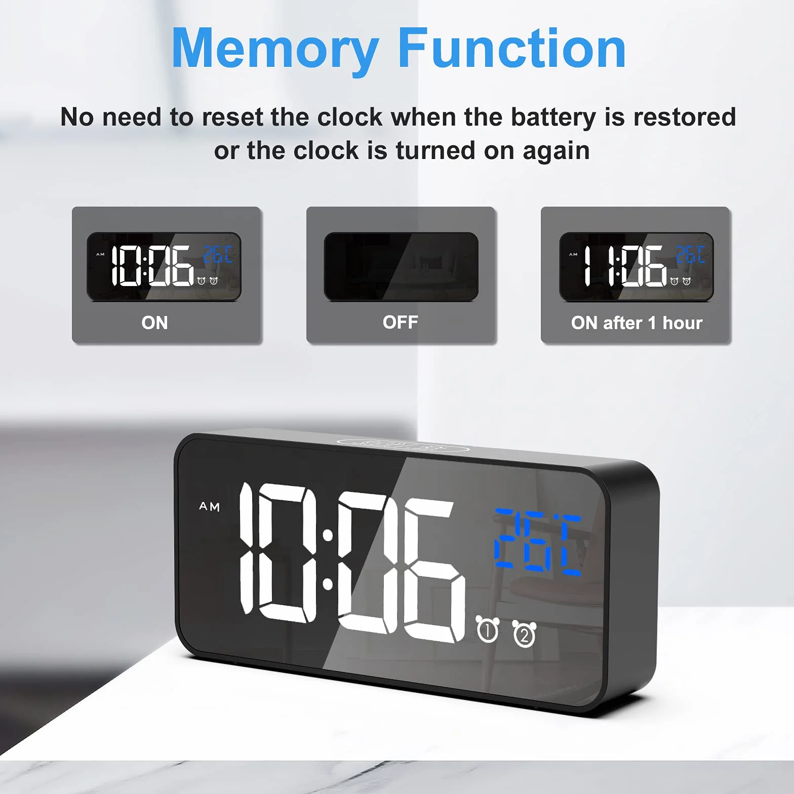 CHEREEKI Digitaler Wecker, LED Digitaluhr mit Temperaturanzeige Tragbarer Spiegelalarm Tischuhr mit 2 Alarmen 10 Alarmtöne USB Wiederaufladbar 4 Helligkeit und Lautstärke Regelbar, 12/24 Stunden