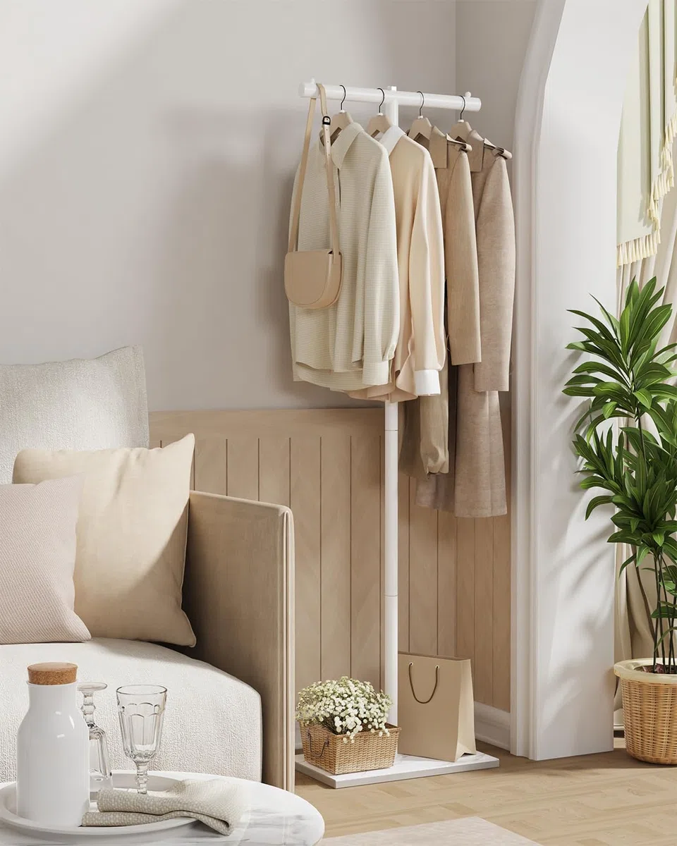 Garderobenständer mit Rock Slab Base, Modern Kleiderbügel Stand, T-förmige Metall Freistehend Kleiderständer für Kleidung, für Entryway, Wohnzimmer, Schlafzimmer, 175 cm, Weiß, GYJ011W