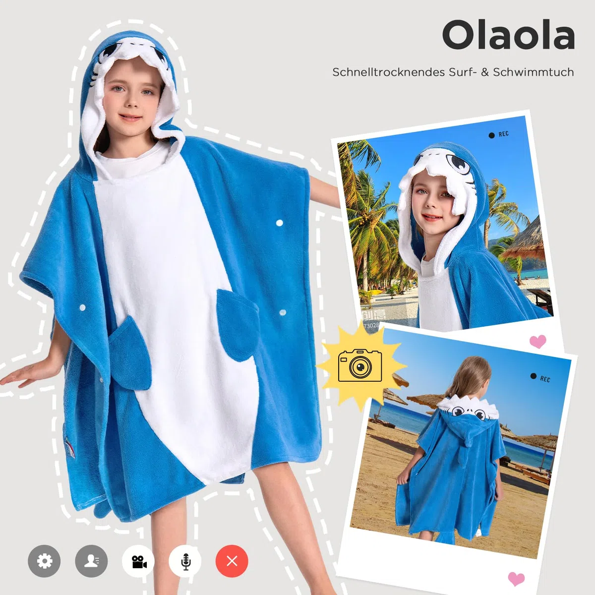 OLAOLA Kinder Poncho Handtuch mit Kapuze, Strand Umkleidemantel, Saugfähige Badetücher, Schwimmtuch für Jungen und Mädchen von 3–12 Jahren, Blauer Hai