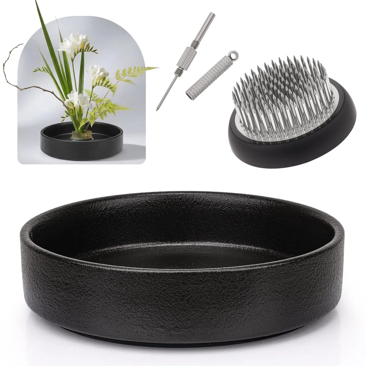 Japanische Ikebana Schale für Stecker Blumenarrangements,Ikebana Keramik Blume Vase Kit(Große Schwarze Schale)