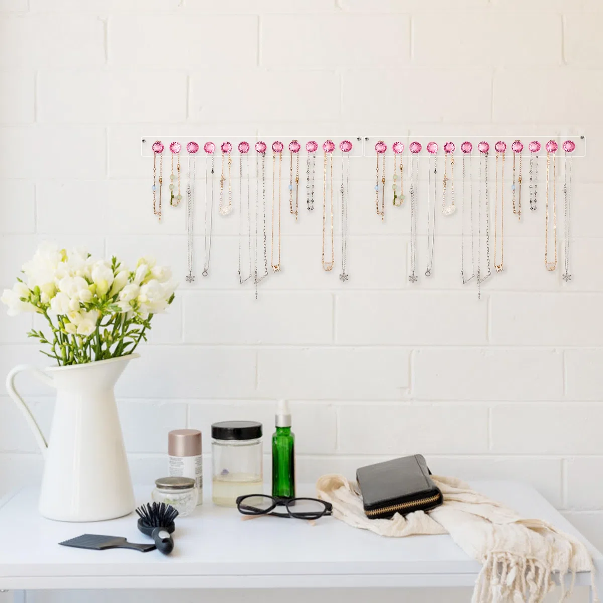 Halsketten-Aufhänger Acryl-Halskettenhalter Wandmontage Schmuck-Organizer mit 12 Diamant Form Haken für Halsketten, Armbänder, Ketten, Ohrringe, 2 Stück (Rosa)