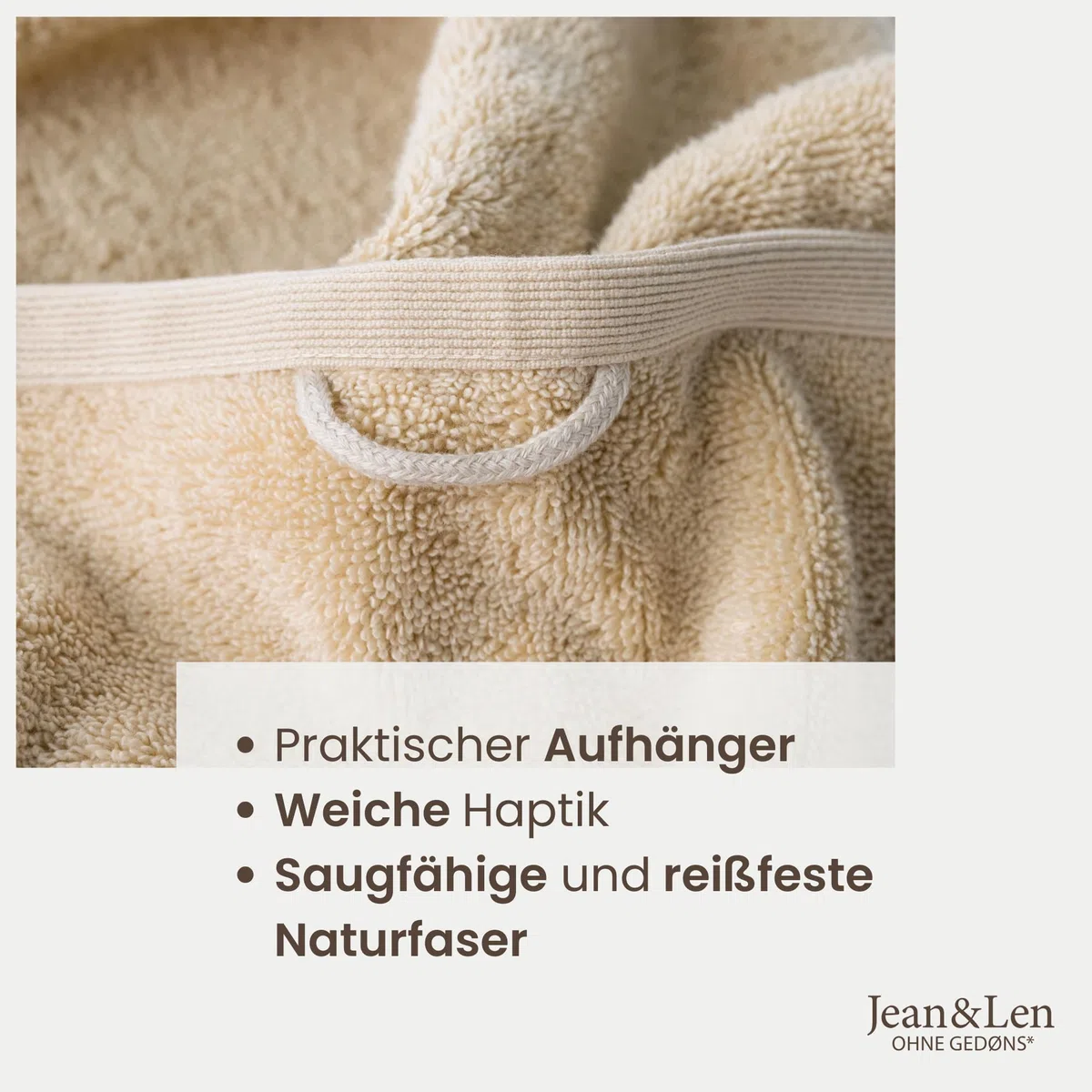 Jean & Len Gästehandtuch Set aus 100% Bio-Baumwolle, in der Farbe beige, mit Aufhänger, Oeko-TEX und GOTS Zertifiziert, Markenlabel aus veganem Leder, 6 x Gästehandtücher 30x50 cm