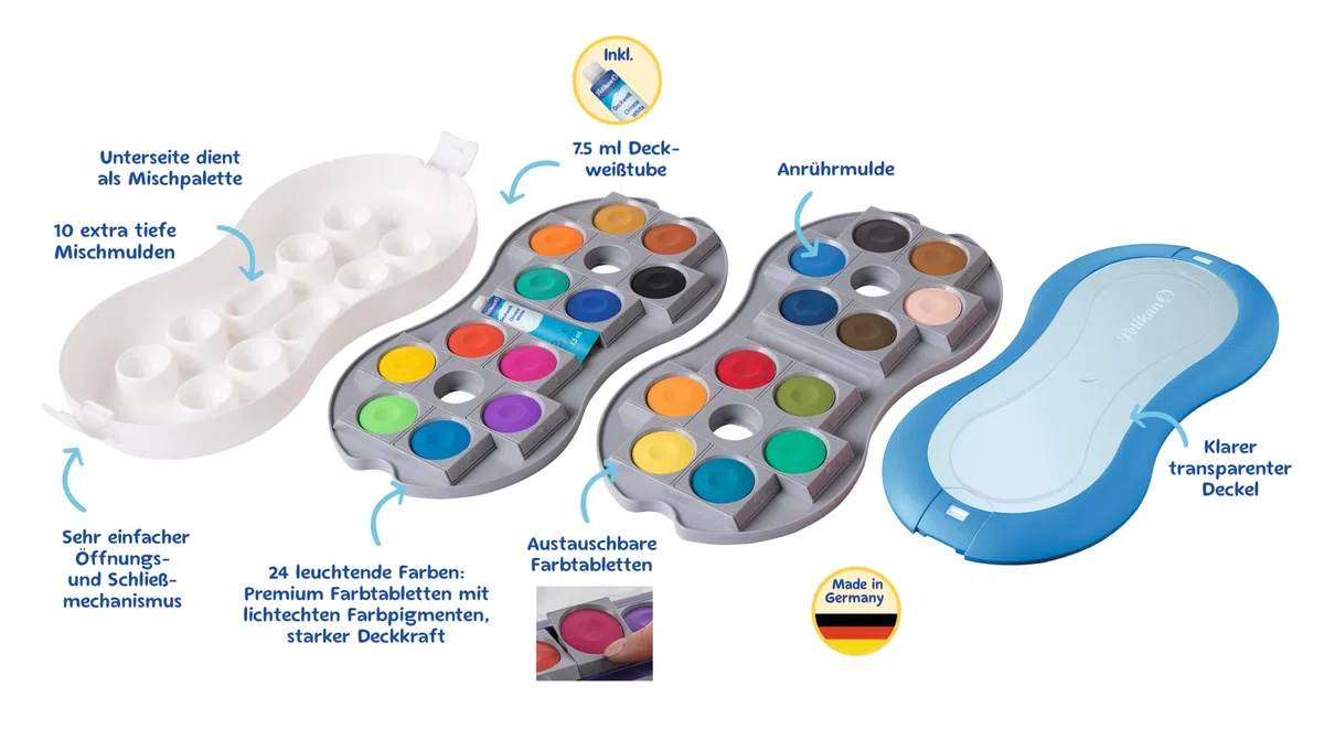 Pelikan Tuschkasten Space+ in blau/weiß inkl. Deckweiß, blau, 24 Farben für brillantes Malen