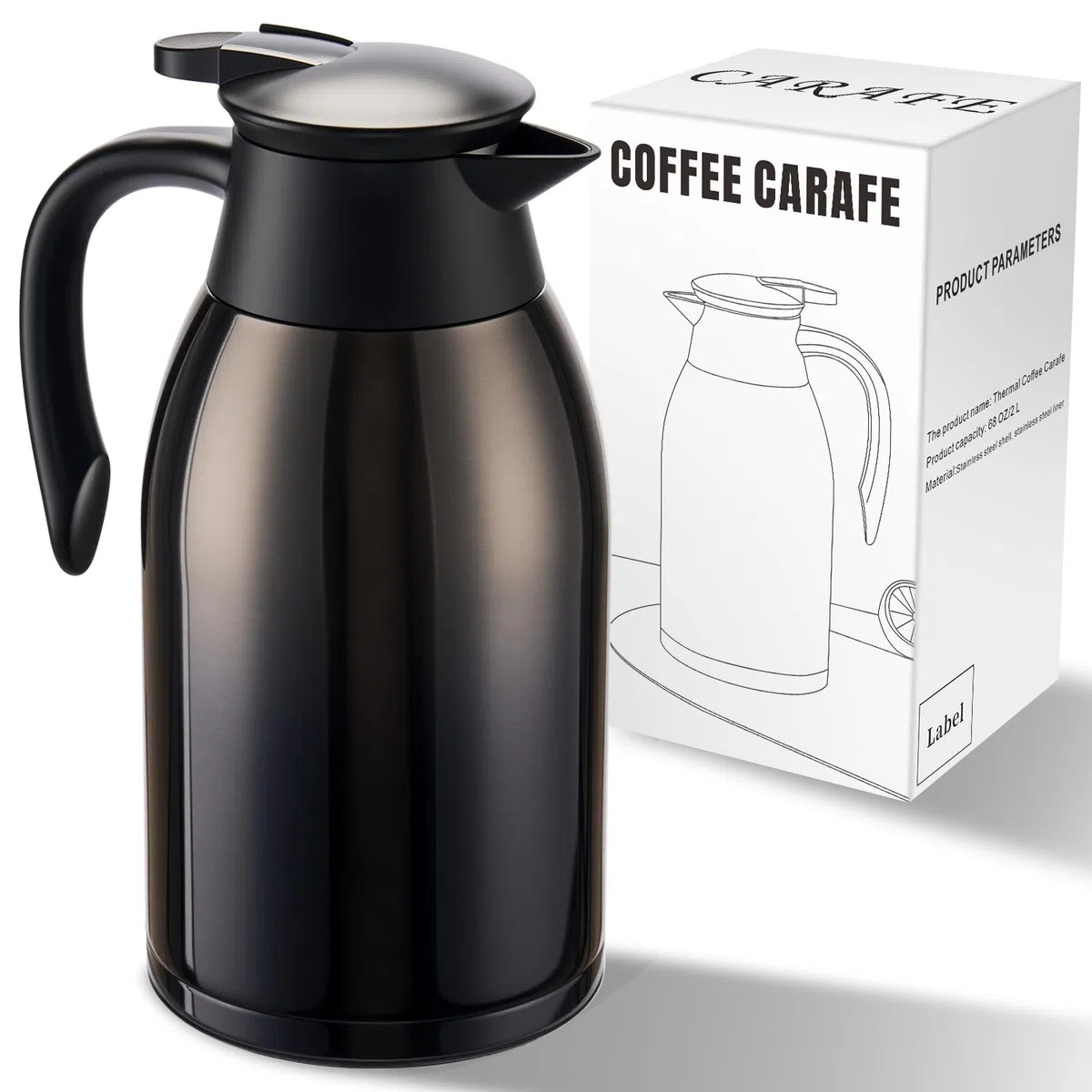 PARACITY 2L Isolierte Kaffeekanne aus Edelstahl, Zum Warmhalten, Doppelwandig Vakuumisoliert, Für Kaffee und Tee, Zuhause und Büro (schwarz)