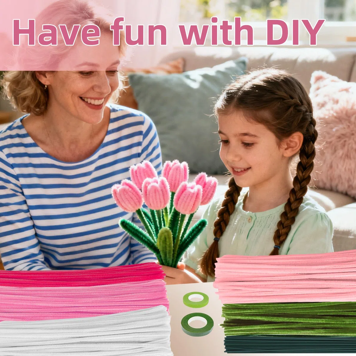 600 Stück Pfeifenreiniger Blumen Set | Pfeifenputzer zum Basteln in 6 Farben mit 30 Blumendraht & Geschenkband für Kreative DIY Blumensträuße (Rosa)