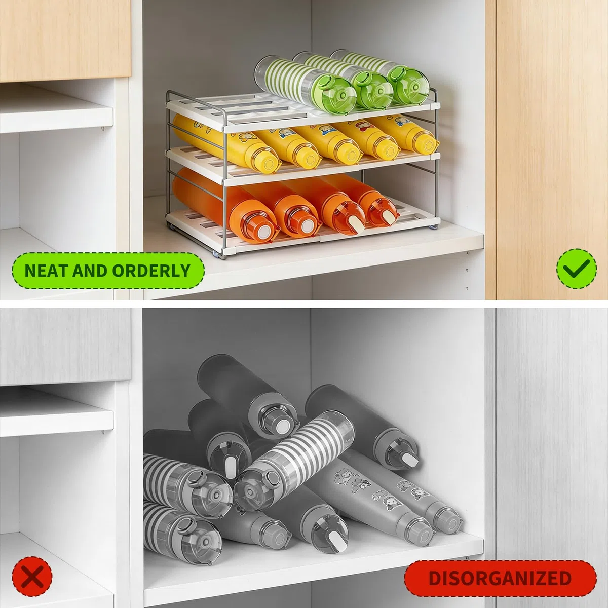 Raxfekro ausziehbarer Flaschen Organizer für Kühlschrank, Schrank und Küche, Flaschenregal mit verstellbaren Fächern für Wasserflaschen, Thermosflaschen und Getränke (26.5–42 cm)