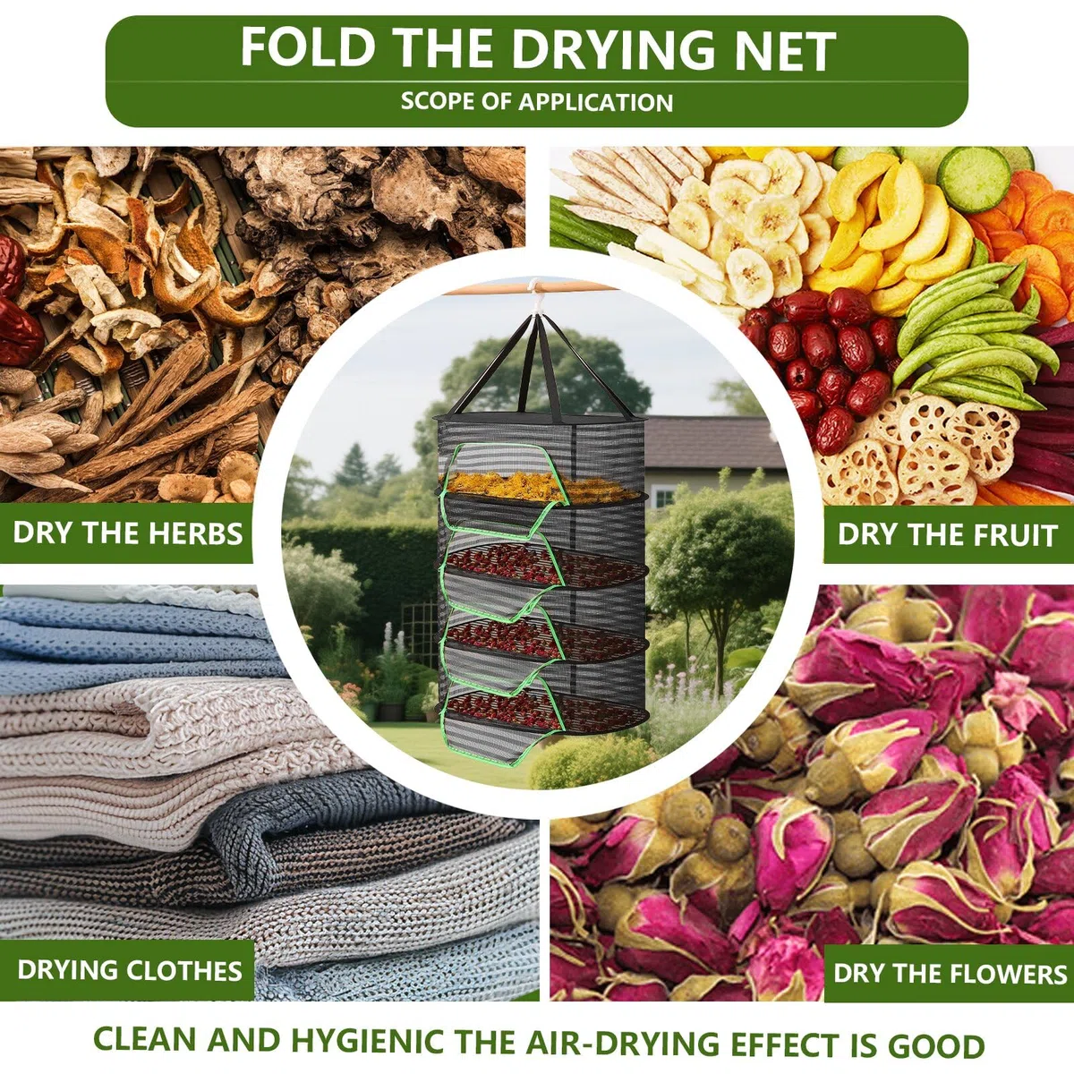 dellyy Frockennetz Kräuter 4-Lagiges, Kräutertrockner Hängend, Klappbar Trocknen Netz, Aufhängen Trockennetze Zum, Klappbar Trocknungsnetz, Aufhängen Trockengestell, Drying Net Blumen, Früchte (BK)