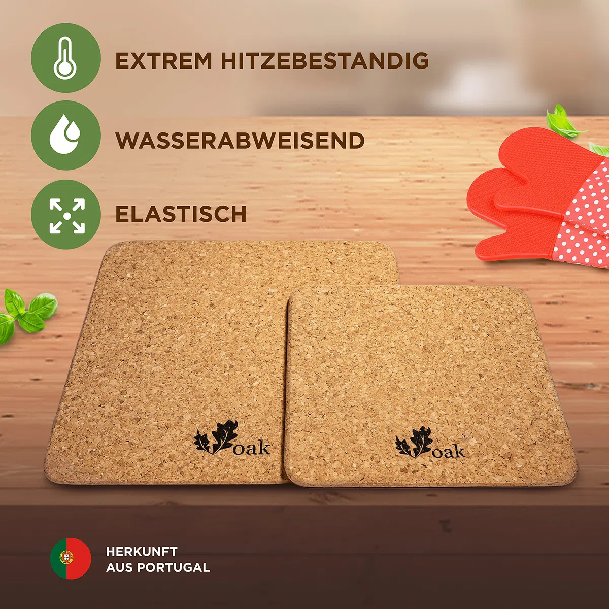 Voak® Topfuntersetzer Korkuntersetzer Set | 4 eckige Kork Untersetzer | 100% Natur Kork Made in Portugal | 20 cm und 15 cm | rutschfeste Unterlage Tischset Abwaschbar Hitzebeständig