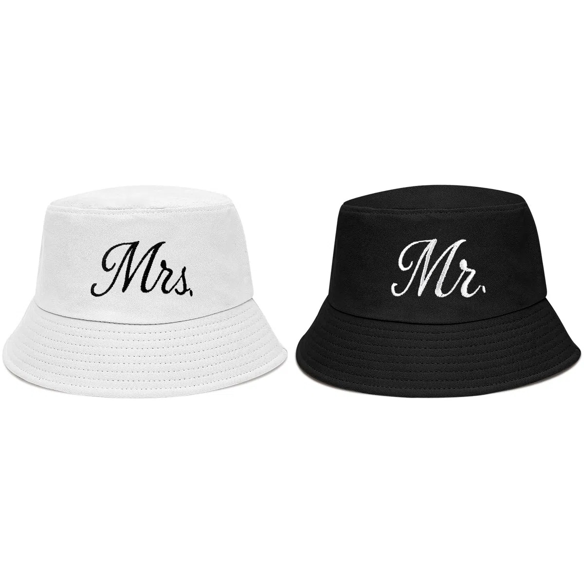 JUSTOTRY 2 pcs Mr and Mrs Bucket Hat für Junggesellenabschied Frauen und Bride to Be Deko,Schwarz und Weiß Braut Hut für Partner Geschenke und Hochzeitsgeschenke für Brautpaar