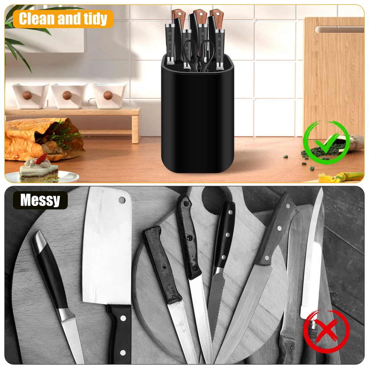 Messerblock Ohne Messer, Universal Messerblock Schwarz mit 21 Schlitzen und Abflussdesign, Runder Messerblockhalter Unbestückt Messerhalter für Alle Küchenmesser (Schwarz)