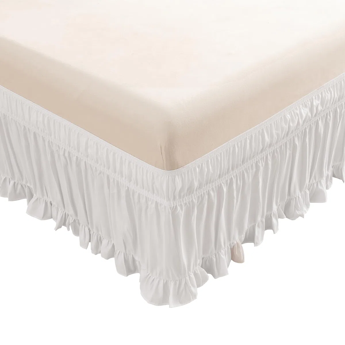 ACESOME Bed Skirt 137 x 190cm, Bettrock zum Umwickeln Bettvolant,Ruffled Solid Bed Rock, Elastische Bettschürze mit 38cm Drop aus Polyesterfaser (Weiß, 137 x 190cm)