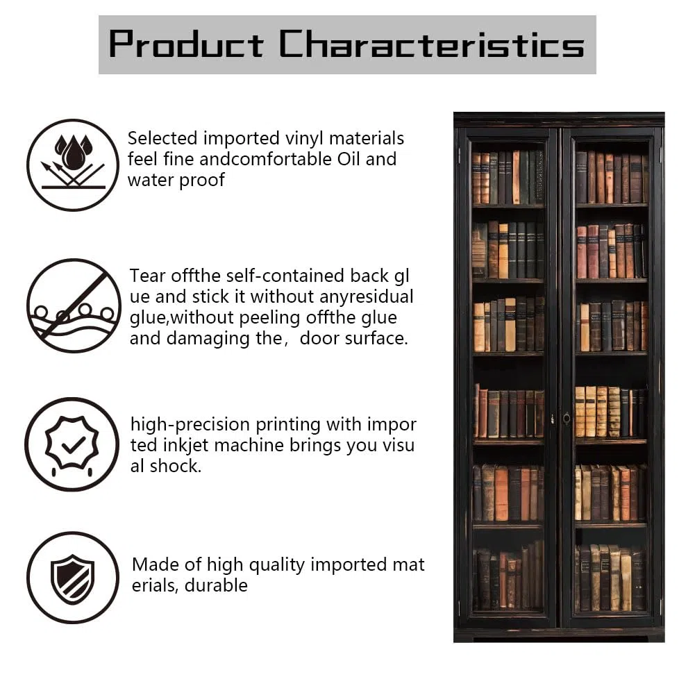 arricraft 2 Stück Selbstklebender Türaufkleber 80cm X 200cm /31.5"X78.7" Bücherregal Muster Tür Wandbilder Aufkleber PVC Tür Abnehmbare Tapete Dekoration Für Schlafzimmer Wohnzimmer