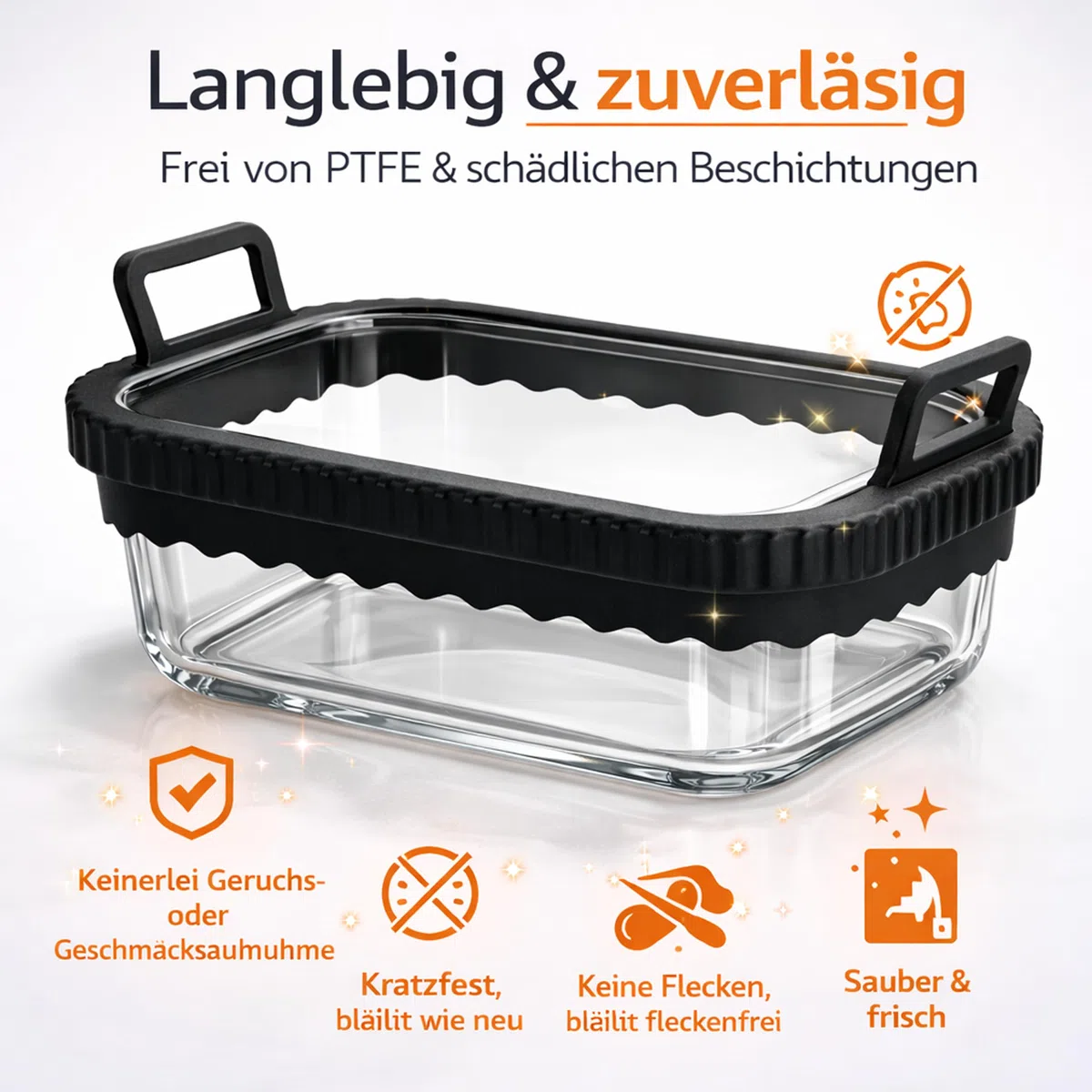 Auflaufform Airfryer für COSORI Heißluftfritteuse 2 Kammern/Ninja Heißluftfritteuse AF400EU/SL400EU/AF500EU/, Glas Airfryer Zubehör, BPA-frei, Herausnehmbarer Silikonring (Schwarz)