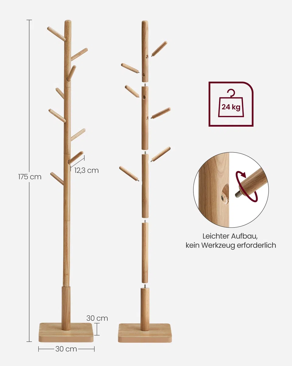 VASAGLE Garderobenständer, Kleiderständer Massivholz, Jackenständer Baumform, 8 Haken für Jacken, Hüte, für Flur, Haken und Haltestange aus Kautschukholz, naturbeige RCR010N01