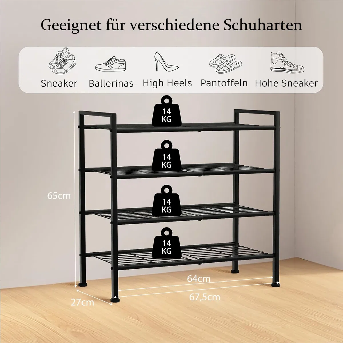 Schuhregal Schwarz Metall, 4 Ebenen platzsparendes Schuhregal, stapelbar & verstellbar, robuster Organizer für Flur, Garderobe & Eingangsbereich