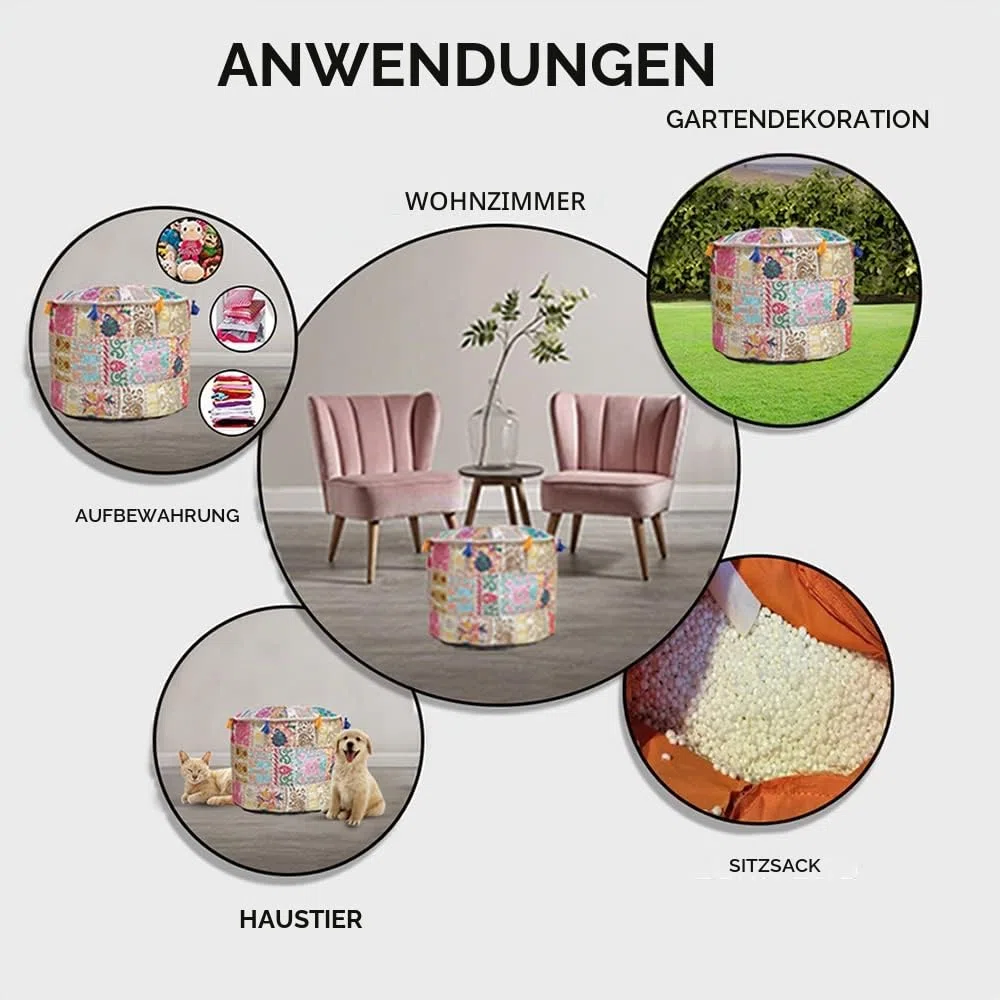 Indischer Pouf Fußhocker, ethnisch, bestickt, Baumwolle, rund, Beige, 56 x 36 cm