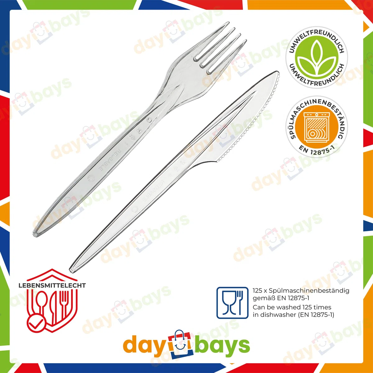 Plastikbesteck Set 100x Plastikgabel 100x Plastikmesser Mehrweg Geschirrset Partybesteck Plastikgeschirr Mehrwegbesteck Spülmaschinenbeständig (Transparent, 100Gabel+100Messer)