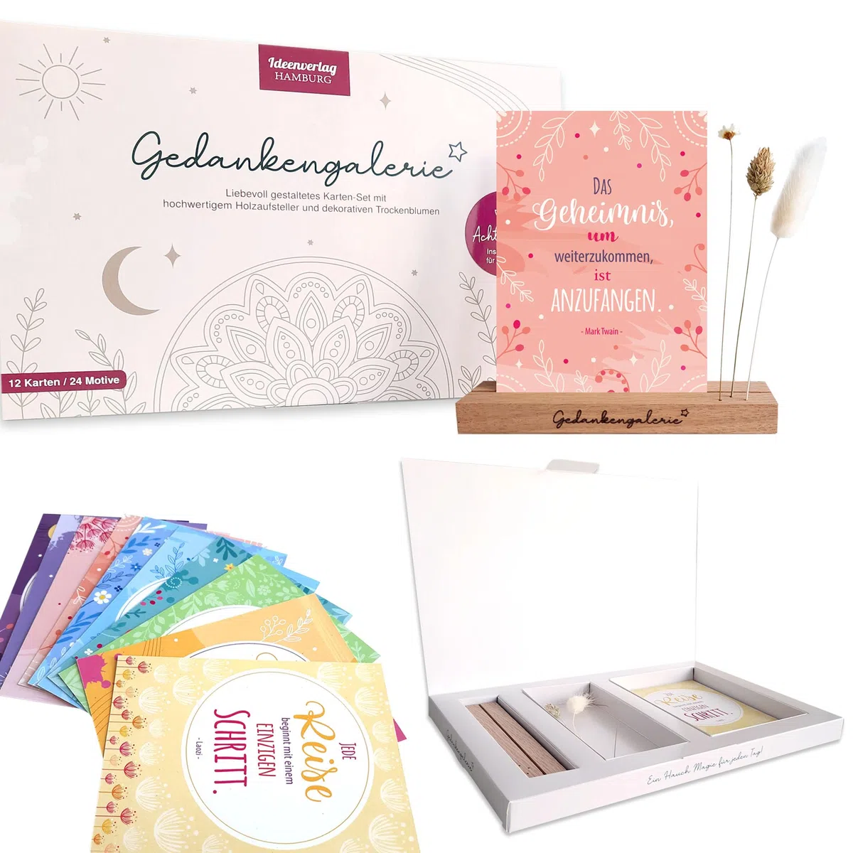 Ideenverlag HAMBURG Gedankengalerie – Achtsamkeits-Set mit 12/24 Affirmationskarten & Trockenblumen | Edler Holzaufsteller aus Eiche – Handgemacht in Deutschland – Frauen Geschenk & Deko für Frauen