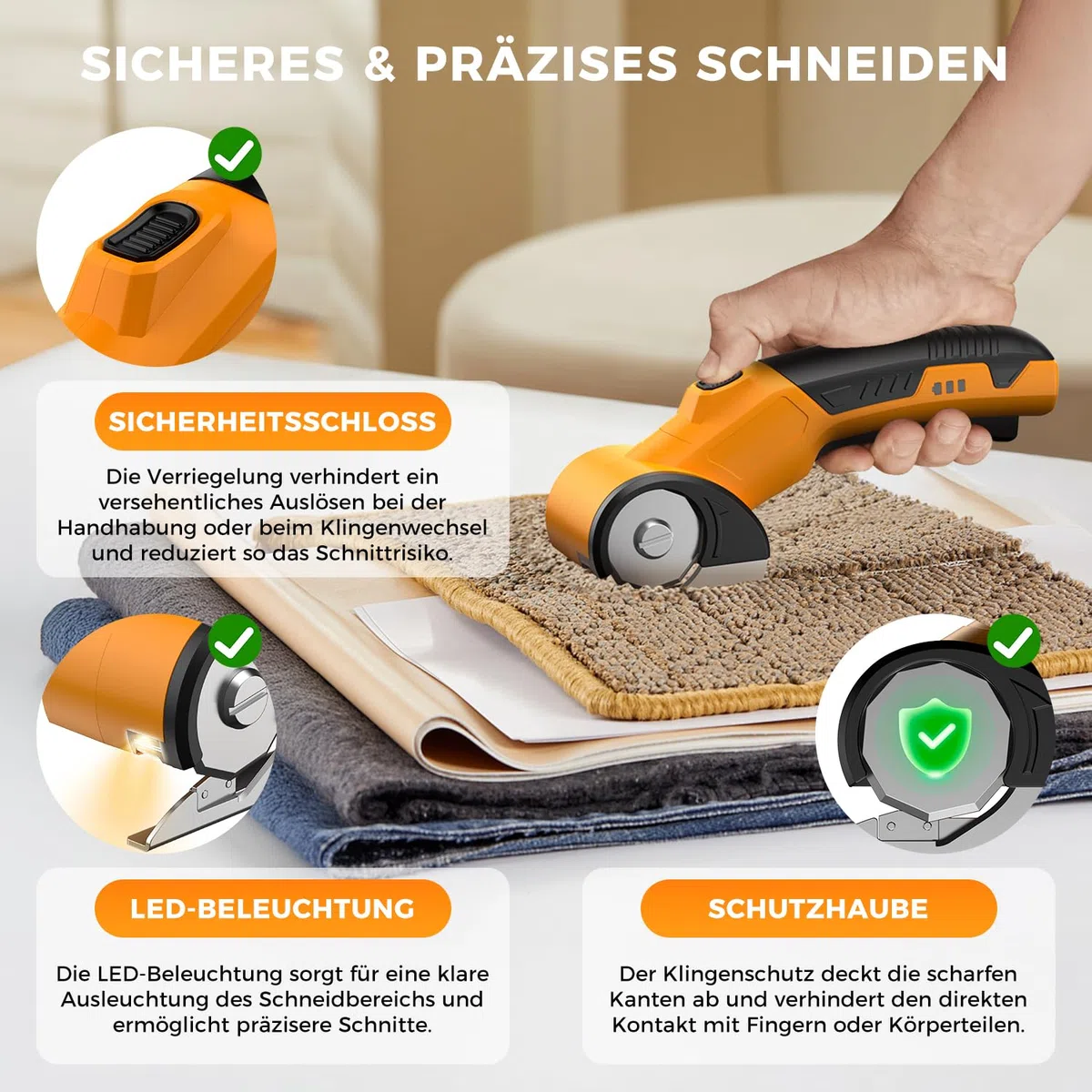 Kartonschneider 4V Elektrischer Schere Kabellose Rollschneider Universalschneider Wiederaufladbar Rotationsschneider Akkuschere für Papier, Pappe, Teppich, Leder, Filz, Kunststoff - mit Ersatzklinge