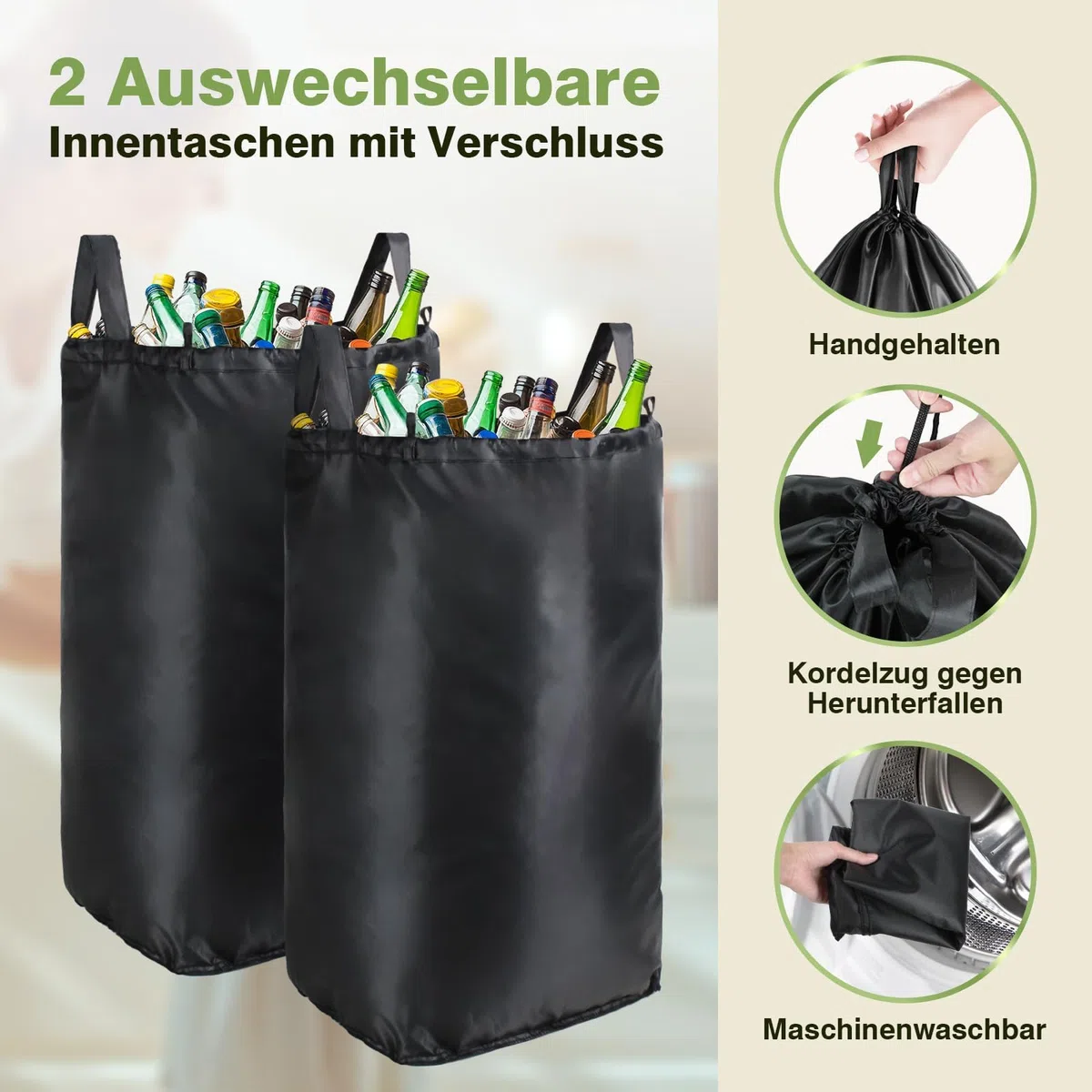 Bathola Pfandflaschen Sammelbehälter mit Deckel 100L, Groß Pfandflaschen Behälter mit 2 Tragetasche, Flaschensammler Leergut für Plastik- und Glasflaschen, Pfandbehälter mit Einwurf, Schwarz