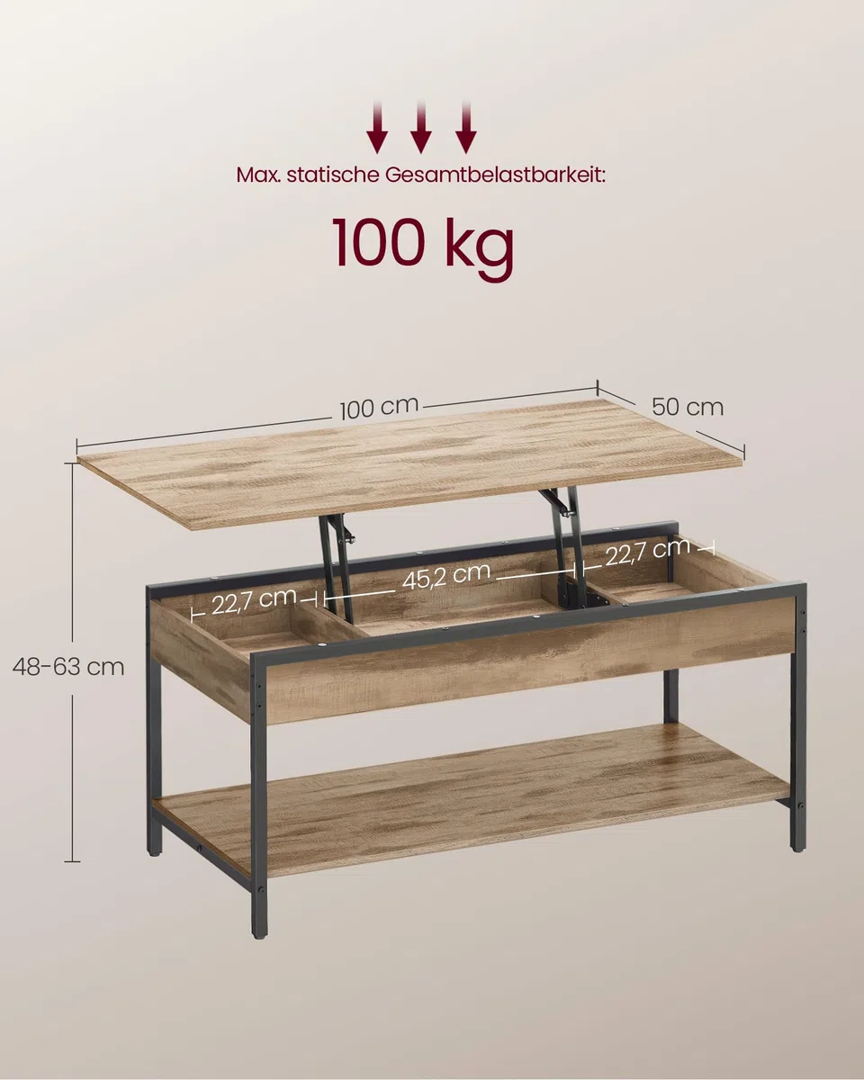 VASAGLE Couchtisch, höhenverstellbarer Wohnzimmertisch, Kaffeetisch, mit offenem Fach und versteckten Fächern, 50 x 100 cm, Kamelbraun-tintenschwarz LCT261LB02