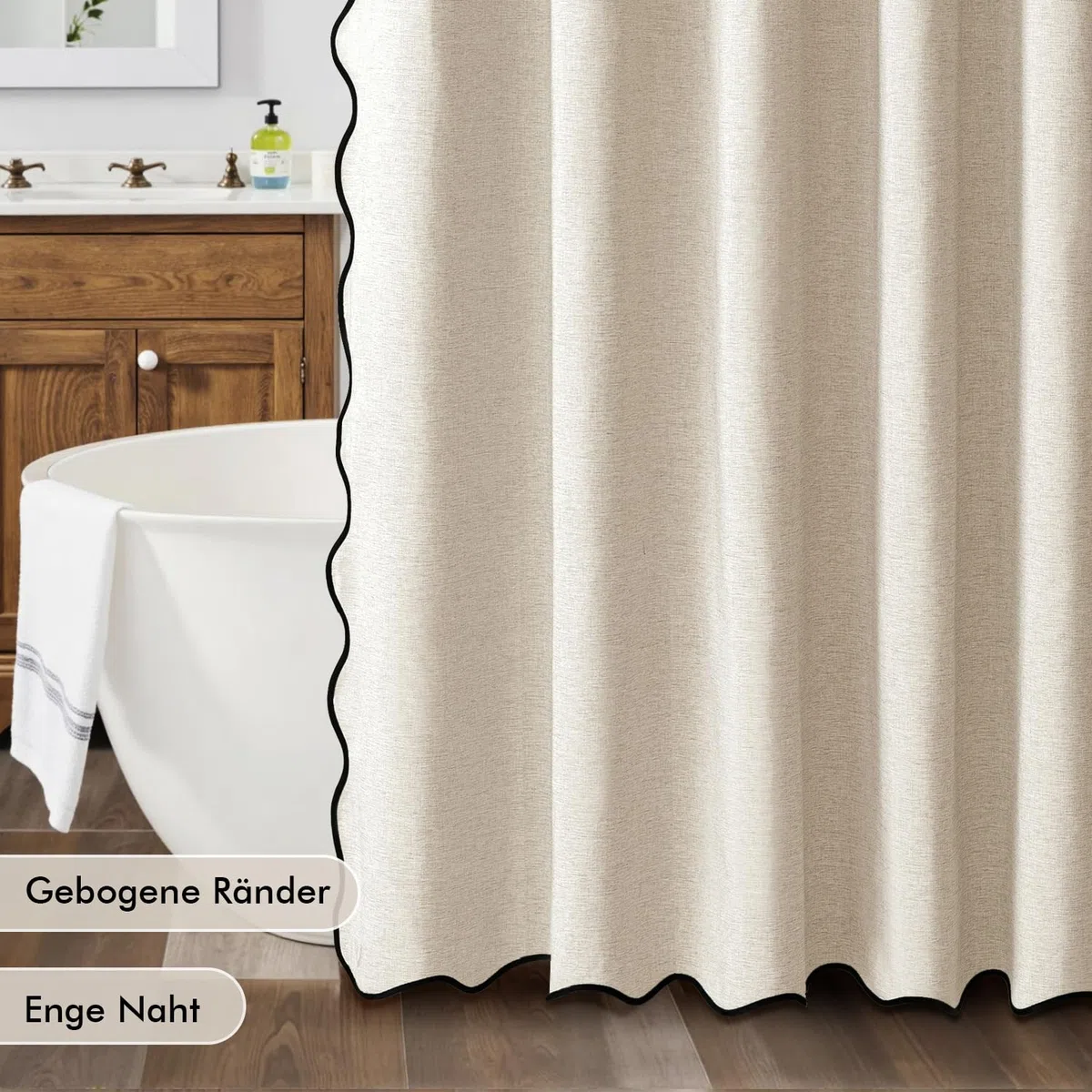 MIULEE Duschvorhang 180x200 Leinen Texturiert Gewellter, Duschvorhang Beige mit Schwarze Rand Hotel Luxus Wasserdicht Duschvorhänge, Antischimmel Waschbar Stoff Badvorhang für Badezimmer mit 12 Ringe