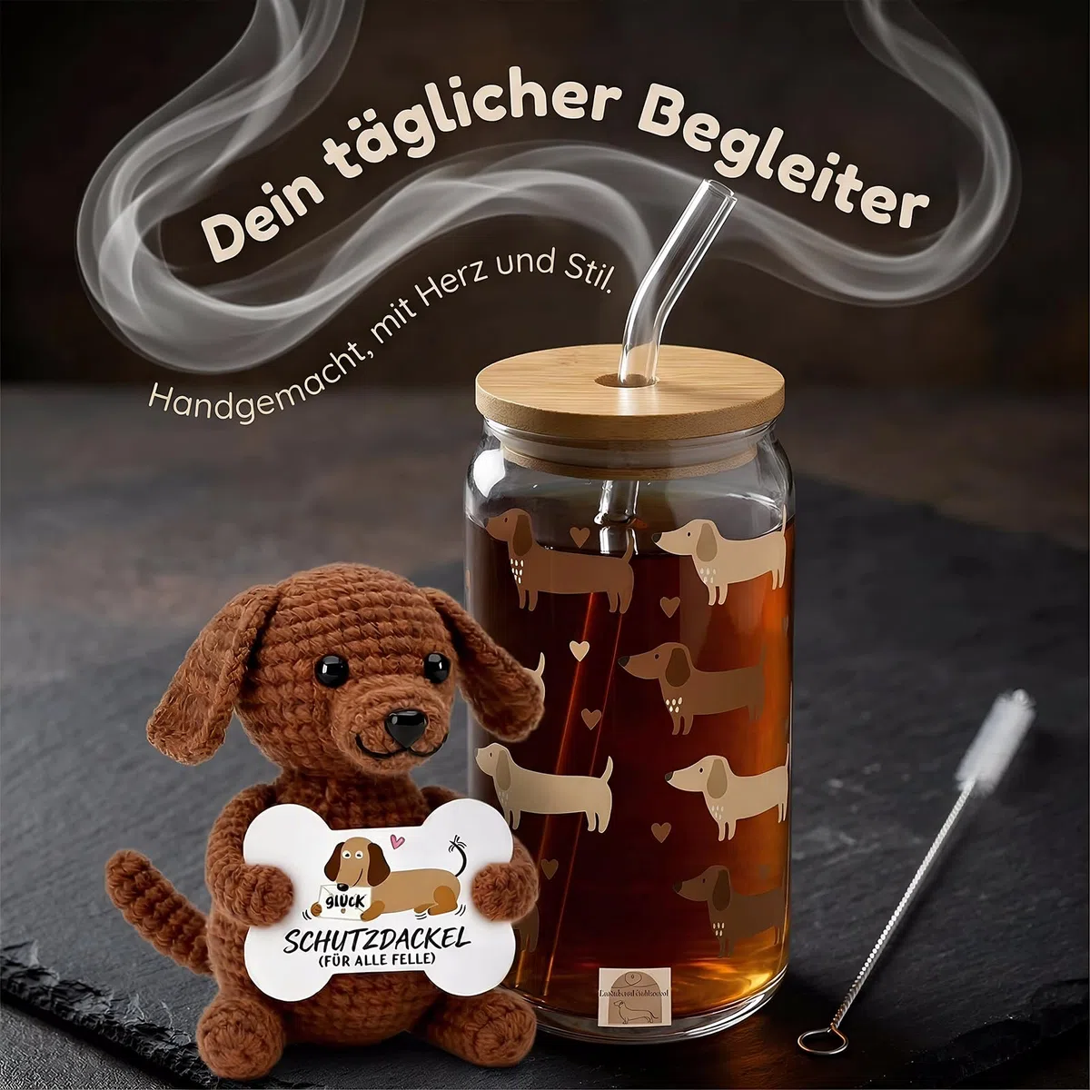 Sunwuun Glas mit Deckel und Strohhalm,Positive Geschenke Dackel Glücksbringer Set,Geschenk Kollegin Geburtstag,Gläser mit Holzdeckel,Pocket Hug für Freundin,Mama,Partner,Schwester (Braun)