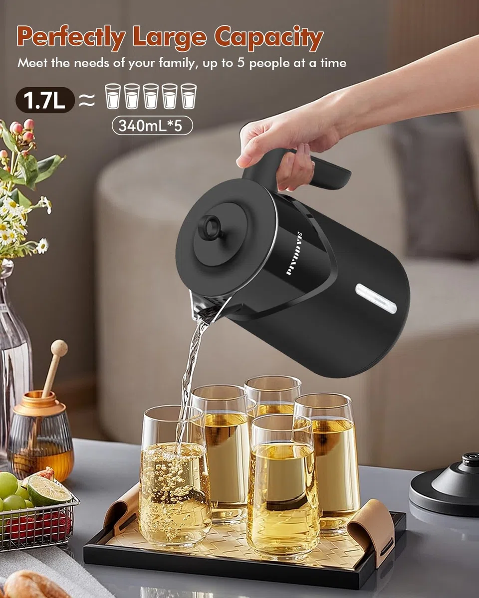 Wasserkocher Edelstahl - 2200W Schnellaufheizender Elektrischer Wasserkocher, Automatischer Stromausfall, Trockengehschutz, 100% BPA-Frei, Kein Kunststoffkontakt, Leise, 1,7L Zuhause