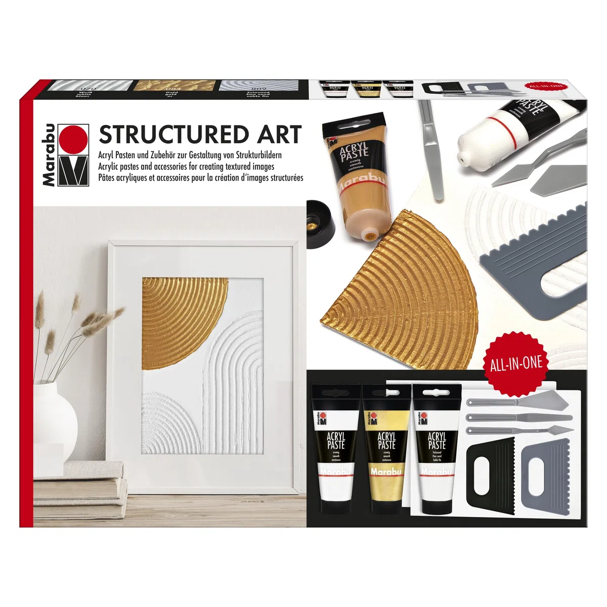 Marabu Acrylpasten Set STRUCTURED ART, Strukturpaste inkl. Spachtel, Malmesser und Malkarton, Malset für Mixed Media, Art Journaling, Spachteln uvm., 1202000000088