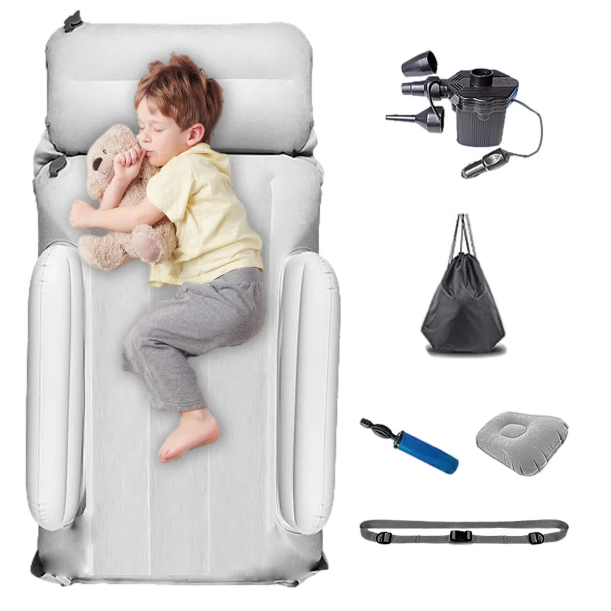 Flugzeug Sitzverlängerung Kinder, Kinder Flugzeug Fußstütze mit Luftpumpe und Kissen, Kinder Reisebett, Leicht Faltbar, Kleinkinder Reise Essentials, mit Aufbewahrungstasche