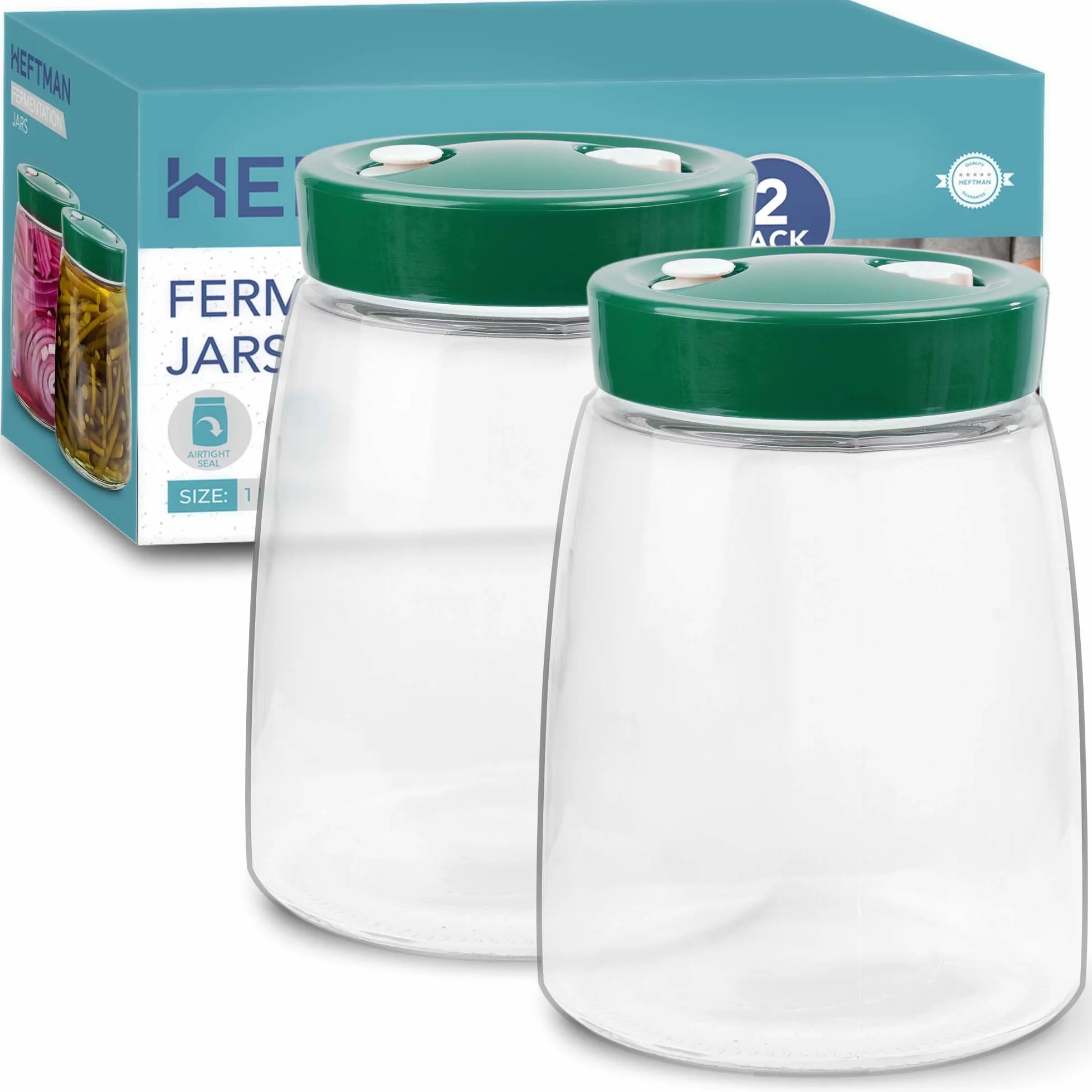 HEFTMAN Gärglas mit Entlüftungsventil mit 1-Wege-Entlüftung - 1.4L 2er-Pack Lebensmittelecht Fermentierglas für Kefir, Kimchi, Sauerkraut, Sauerteigstarter, Overnight Oats - 2 Stück (Grün)