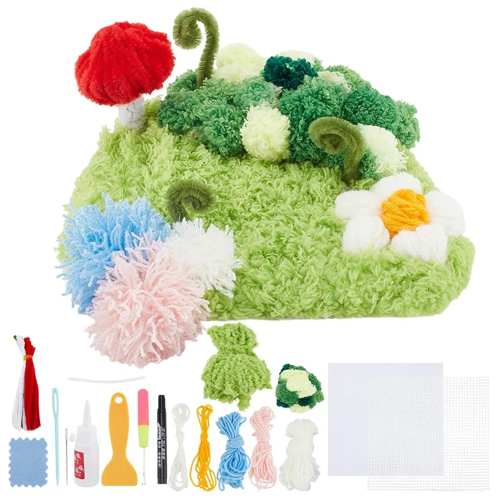 WEBEEDY Latch Hook Untersetzer Set DIY Häkel Und Verschluss Set Mit Häkelnetz Und Anleitung Nadelarbeits Handwerks Latch Tapestry Kit Für Erwachsene Anfänger 17X20cm (Moos)