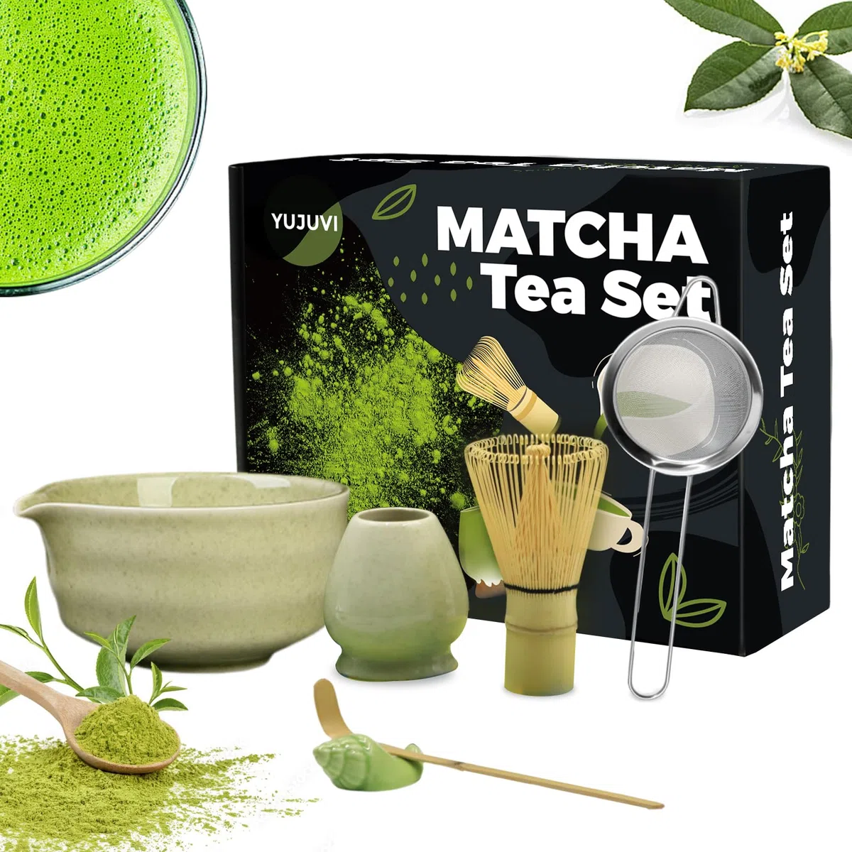 Matcha Tea Set Matcha Set 6-Teiliges Set Matcha Besen Matcha Schale mit Auslauf Japanisches Matcha Tea Set Matcha Besenhalter, Sieb, Schaufel, Tea Set (Matcha Farbe 6 STK Set)