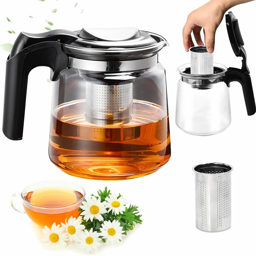 Teekanne Glas 1,5 Liter Glaskanne Hitzebeständig mit Edelstahl Siebeinsatz Glasteekanne Teebereiter mit Deckel Kaffeekanne Wasserkanne Teapot Tea Maker für Grüntee Schwarztee Kräutertee
