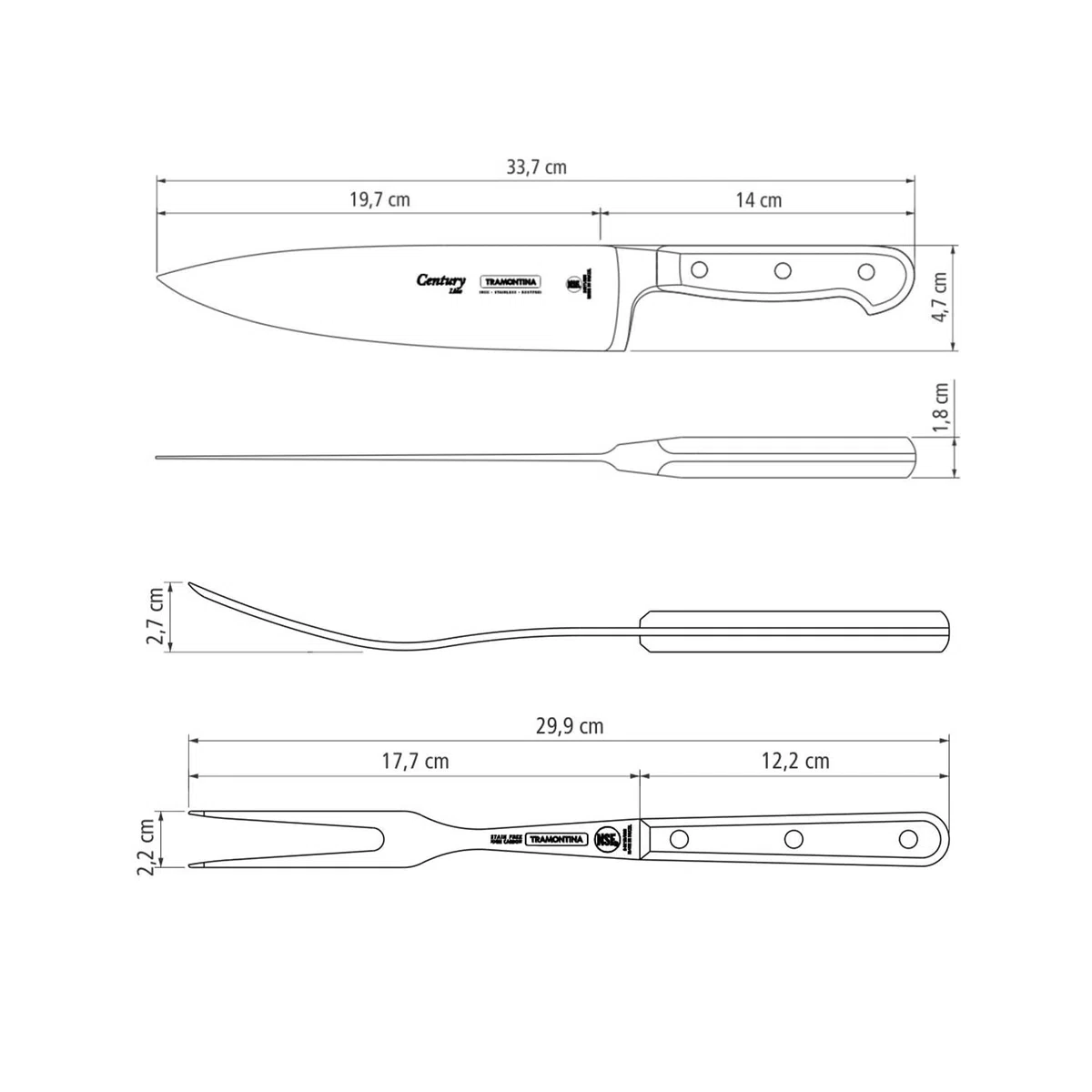 Tramontina Tranchierset CENTURY, 2-teilig, Tranchiermesser, Tranchiergabel, Edelstahl DIN 1.4110, schwarz, rostfrei