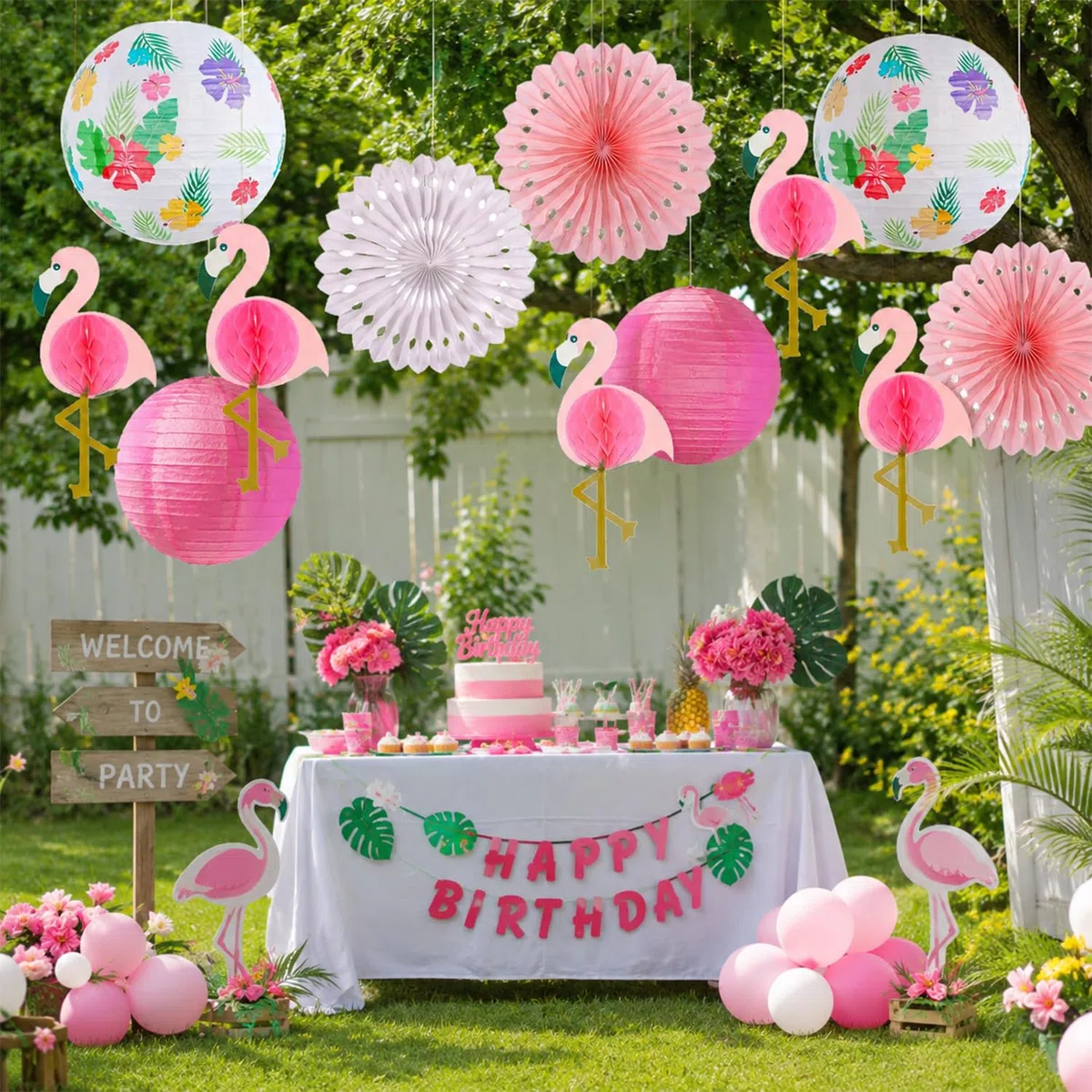 Flamingo Party Deko, Hawaii Party Deko Set mit Papierlaternen, Papierfächer und Flamingo Honeycomb, Sommerparty Deko für Poolparty, Gartenparty, Beach Party, Geburtstag